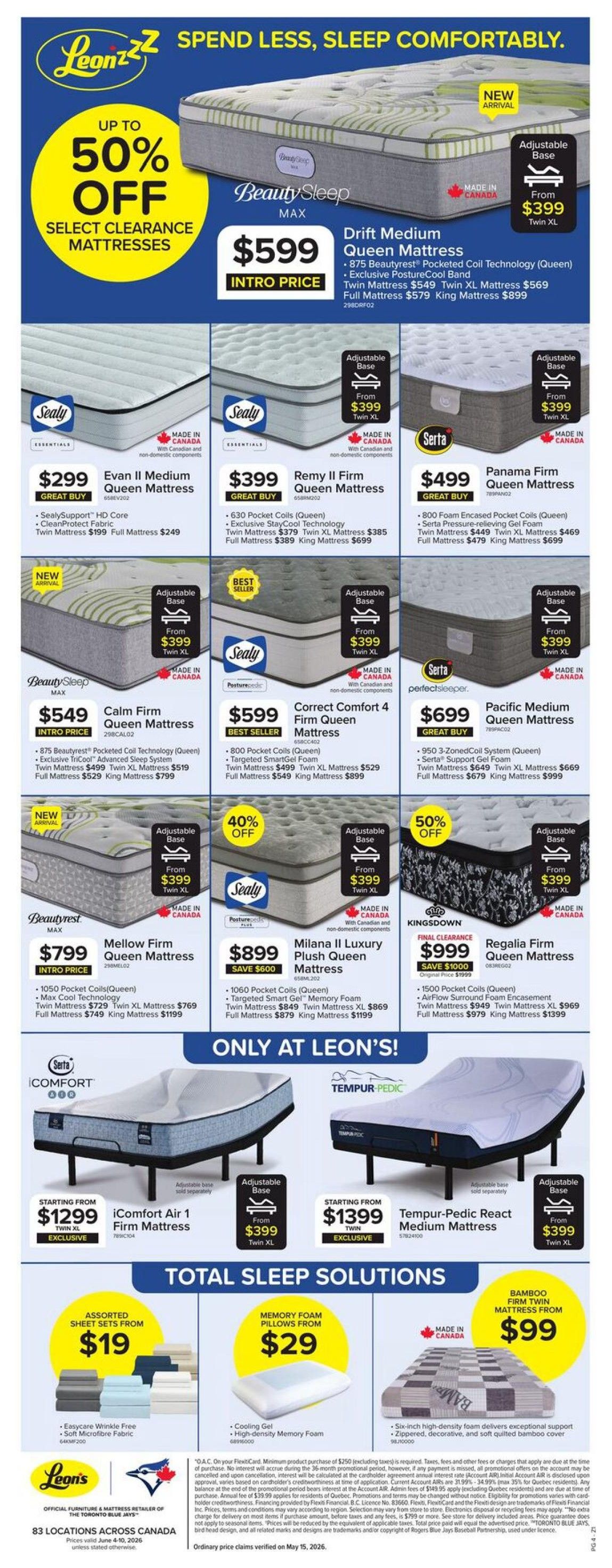 Leon's Weekly Flyer Specials, Page 4. Featuring up to 50% off select clearance mattresses. The BeautySleep Max Drift Medium Queen Mattress is an intro price of $599, with Twin XL at $569 and King at $899. Other mattresses include the Sealy Evan II Medium Queen Mattress for $299, Sealy Remy II Firm Queen Mattress for $399, Serta Panama Firm Queen Mattress for $499, BeautySleep Max Calm Firm Queen Mattress for $549, Sealy Correct Comfort 4 Firm Queen Mattress for $599, Beautyrest Mellow Firm Queen Mattress for $799, Sealy Milana II Luxury Plush Queen Mattress for $899 (save $600), and Kingsdown Regalia Firm Queen Mattress for $999 (save $1000). Adjustable bases are available from $399. Also featured are the Serta iComfort Air 1 Mattress starting from $1299 and Tempur-Pedic React Medium Mattress starting from $1399. Total Sleep Solutions include Assorted Sheet Sets from $19, Memory Foam Pillows from $29, and Bamboo Firm Twin Mattress from $99. All mattresses are made in Canada. Prices valid June 4-10, 2026.
