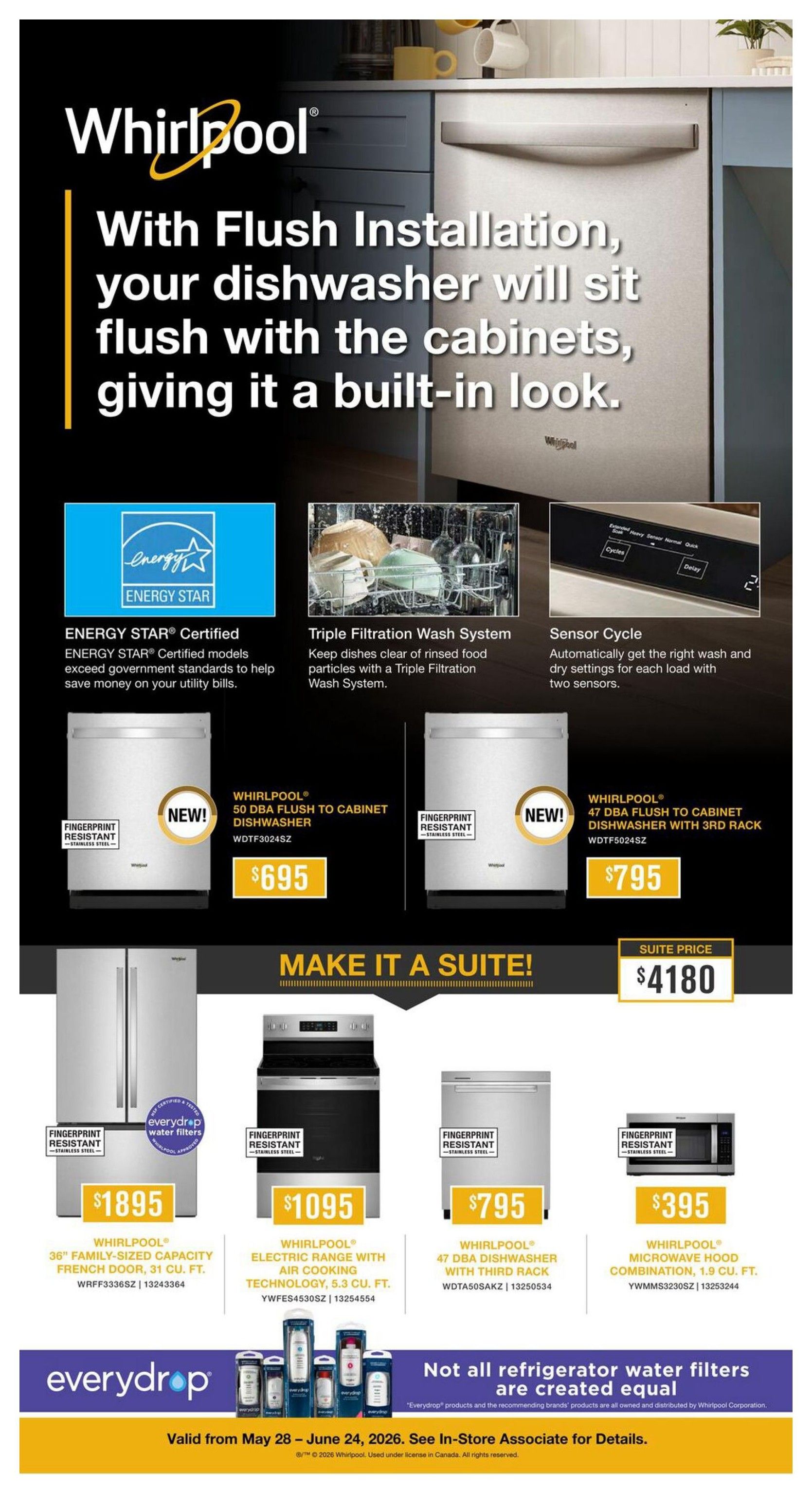 Leon's Weekly Flyer Specials, Page 7. This page features Whirlpool appliances with a focus on flush installation for a built-in look. It highlights ENERGY STAR certified models, a Triple Filtration Wash System, and Sensor Cycle technology. Featured products include a Whirlpool 50 dBA flush to cabinet dishwasher for $695 and another Whirlpool 47 dBA flush to cabinet dishwasher with 3rd rack for $795. The page also promotes a 'Make it a Suite!' offer with a suite price of $4180. Individual appliance deals include a Whirlpool 36' family-sized capacity French door refrigerator for $1895, a Whirlpool electric range with air cooking technology for $1095, and a Whirlpool microwave hood combination for $395. The bottom of the page displays 'everydrop' water filters and states 'Not all refrigerator water filters are created equal.' The flyer is valid from May 28 - June 24, 2026.