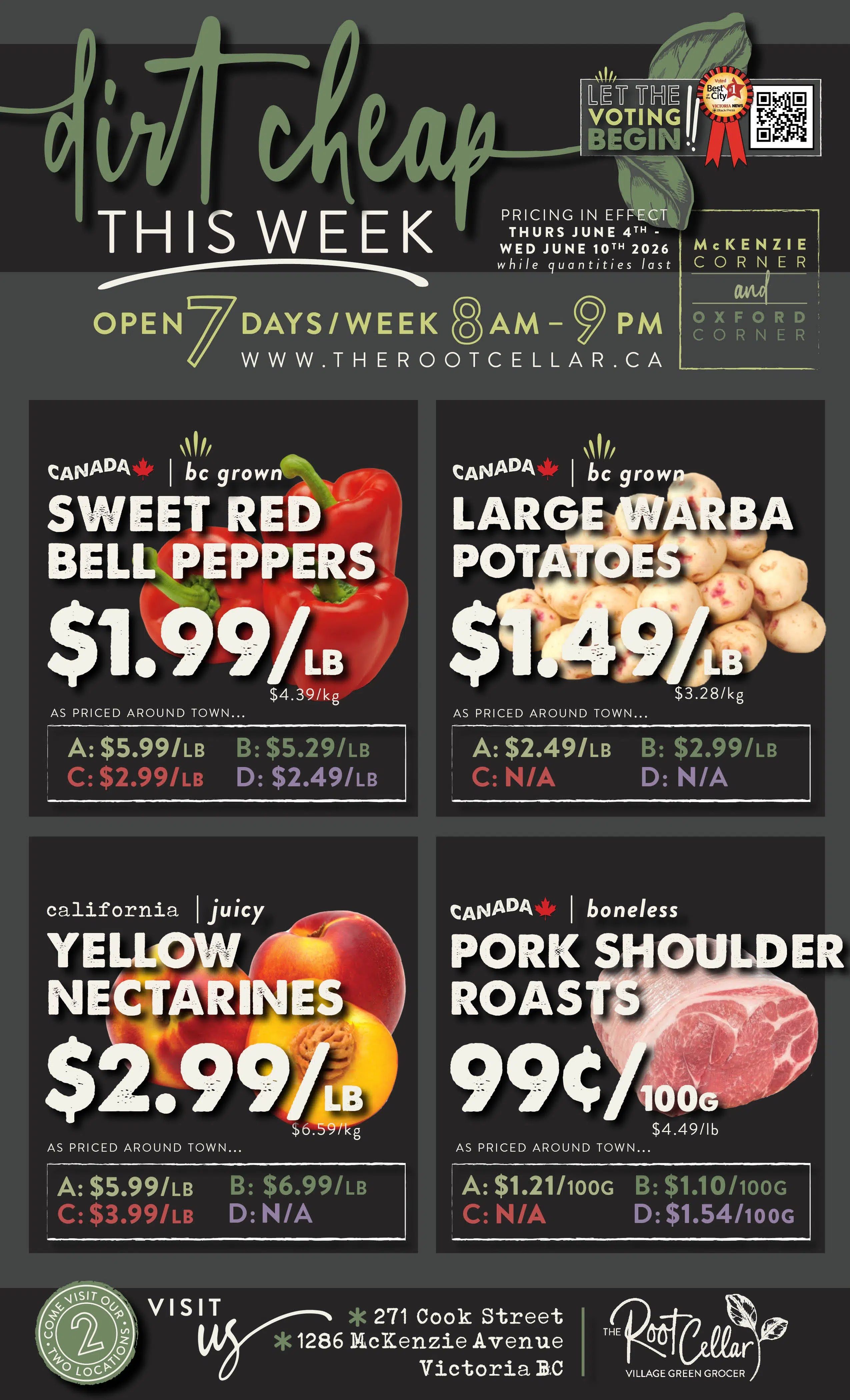 The Root Cellar weekly flyer specials, 'Dirt Cheap This Week'. Pricing in effect Thursday, June 4th to Wednesday, June 10th, 2026. Store hours are 8 AM to 9 PM, 7 days a week. Featured products include: Canada bc grown Sweet Red Bell Peppers for $1.99/lb, California juicy Yellow Nectarines for $2.99/lb, Canada bc grown Large Warba Potatoes for $1.49/lb, and Canada boneless Pork Shoulder Roasts for 99¢/100g. The flyer also lists 'As Priced Around Town' pricing for these items. Visit us at 271 Cook Street, 1286 McKenzie Avenue, Victoria BC. Let the voting begin for Best of City Victoria News.
