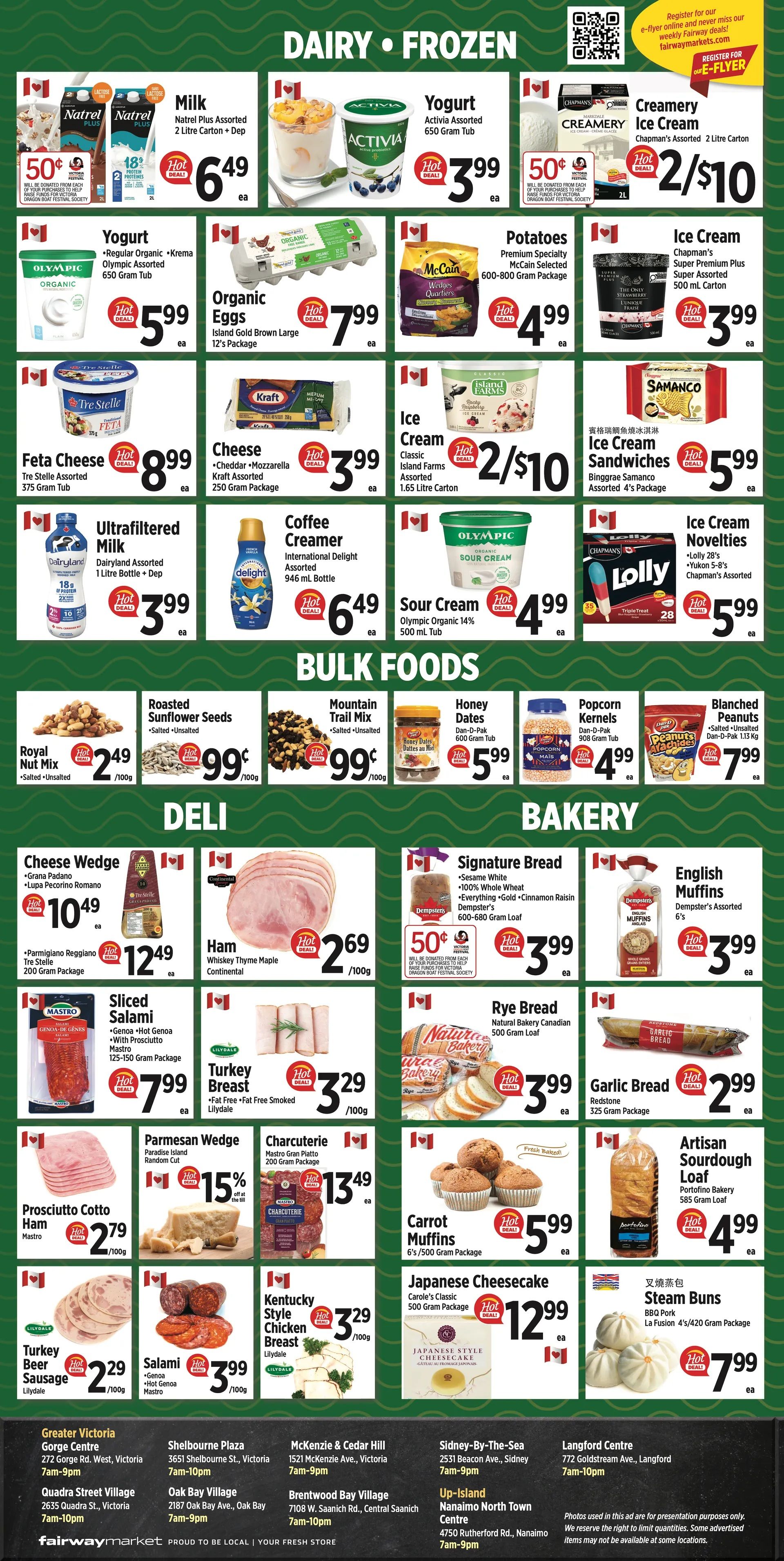 Fairway Market flyer page 4 features Dairy & Frozen, Bulk Foods, Deli, and Bakery sections. In Dairy & Frozen, find Natrel Plus Milk for $6.49, Activia Yogurt for $3.99, Olympic Organic Yogurt for $5.99, Island Gold Organic Eggs for $7.99, McCain Premium Potatoes for $4.99, Tre Stelle Feta Cheese for $8.99, Kraft Cheese for $3.99, Island Farms Ice Cream for 2 for $10, Chapman's Ice Cream for $3.99, Dairyland Ultrafiltered Milk for $3.99, International Delight Coffee Creamer for $6.49, Olympic Organic Sour Cream for $4.99, and Lolly Ice Cream Novelties for $5.99. Bulk Foods include Royal Nut Mix for $2.49/100g, Roasted Sunflower Seeds for $0.99/100g, Mountain Trail Mix for $0.99/100g, Honey Dates for $5.99, Popcorn Kernels for $4.99, and Blanched Peanuts for $7.99. The Deli section offers Cheese Wedge for $10.49 or $12.49, Ham for $2.69/100g, Signature Bread for $3.99, Sliced Salami for $2.79/100g, Rye Bread for $3.99, Parmesan Wedge with 15% off, Charcuterie for $13.49, and Garlic Bread for $2.99. In the Bakery section, discover English Muffins for $3.99, Carrot Muffins for $5.99, Artisan Sourdough Loaf for $4.99, Japanese Cheesecake for $12.99, Steam Buns for $7.99, Turkey Breast for $3.29/100g, Kentucky Style Chicken Breast for $3.29/100g, and Turkey Sausage for $2.29/100g.