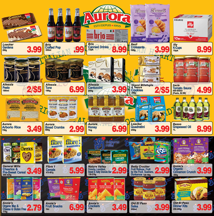 Greco's Fresh Markets flyer page 4 featuring various grocery specials. Top row includes Loacker Gardena for $3.99, Brio Crafted Pop for $1.99, Brio Canned Drinks for $8.99, Beull Croissants for $3.99, and Illy K-Cups for $8.99. Middle row showcases Alessia Pesto for 2/$5, Alessia Tuna for $6.99, Alessia Cantuccini for $3.99, Vicenzi Millefoglie & Tesoro Cookies for 2/$5, and Sacia Tomato Sauce for $4.99. The next row features Aurora Arborio Rice for $3.49, Aurora Bread Crumbs for $2.99, Aurora Honey for $6.99, Loacker Quadratini for $3.99, and Basso Grapeseed Oil for $8.99. The bottom section highlights General Mills Cheerios & Pre-Sweet Cereal for $3.49, Fibre 1 Cereals for $5.99, Nature Valley Crunchy, Lunchbox, Sweet & Salty Granola Bars for $2.99, Betty Crocker Fruit Rollups for $2.99, and Annie's Organic Cinnamon Crunch for $3.99. Additional items include Annie's Organic Mac & Cheese for $2.79, Annie's Fruit Snacks for $6.99, Annie's Crackers for $3.49, and Old El Paso Salsa for $3.99, and Old El Paso Dinner Kits for $3.99.