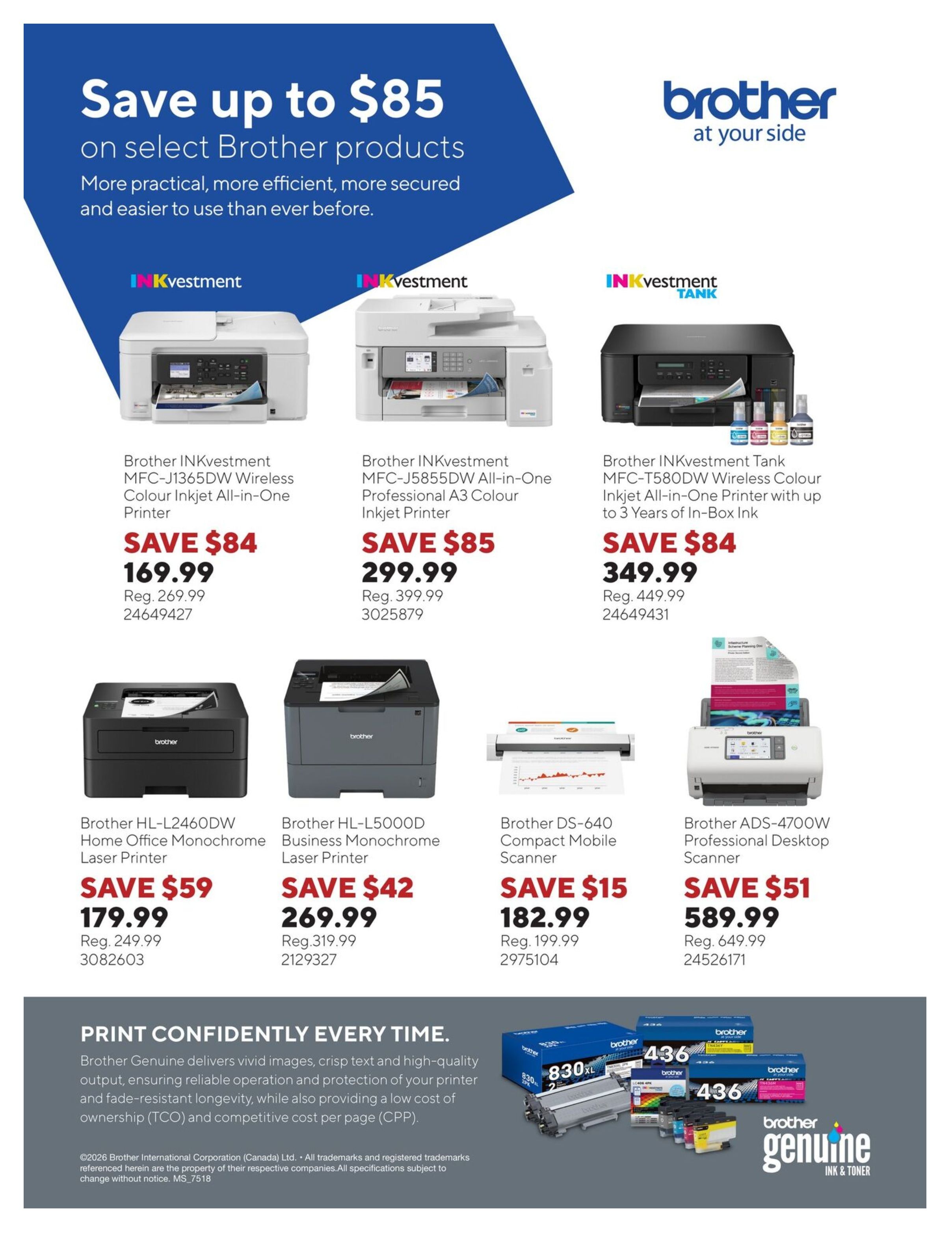 Staples flyer page 1: Save up to $85 on select Brother products. Featured are the Brother INKvestment MFC-J1365DW Wireless Colour Inkjet All-in-One Printer, on sale for $169.99 (regular $269.99), the Brother INKvestment MFC-J5855DW All-in-One Professional A3 Colour Inkjet Printer for $299.99 (regular $399.99), and the Brother INKvestment Tank MFC-T580DW Wireless Colour Inkjet All-in-One Printer with up to 3 Years of In-Box Ink, on sale for $349.99 (regular $449.99). Also available are the Brother HL-L2460DW Home Office Monochrome Laser Printer for $179.99 (regular $249.99), the Brother HL-L5000D Business Monochrome Laser Printer for $269.99 (regular $319.99), the Brother DS-640 Compact Mobile Scanner for $182.99 (regular $199.99), and the Brother ADS-4700W Professional Desktop Scanner for $589.99 (regular $649.99). The page also highlights Brother Genuine Ink & Toner.