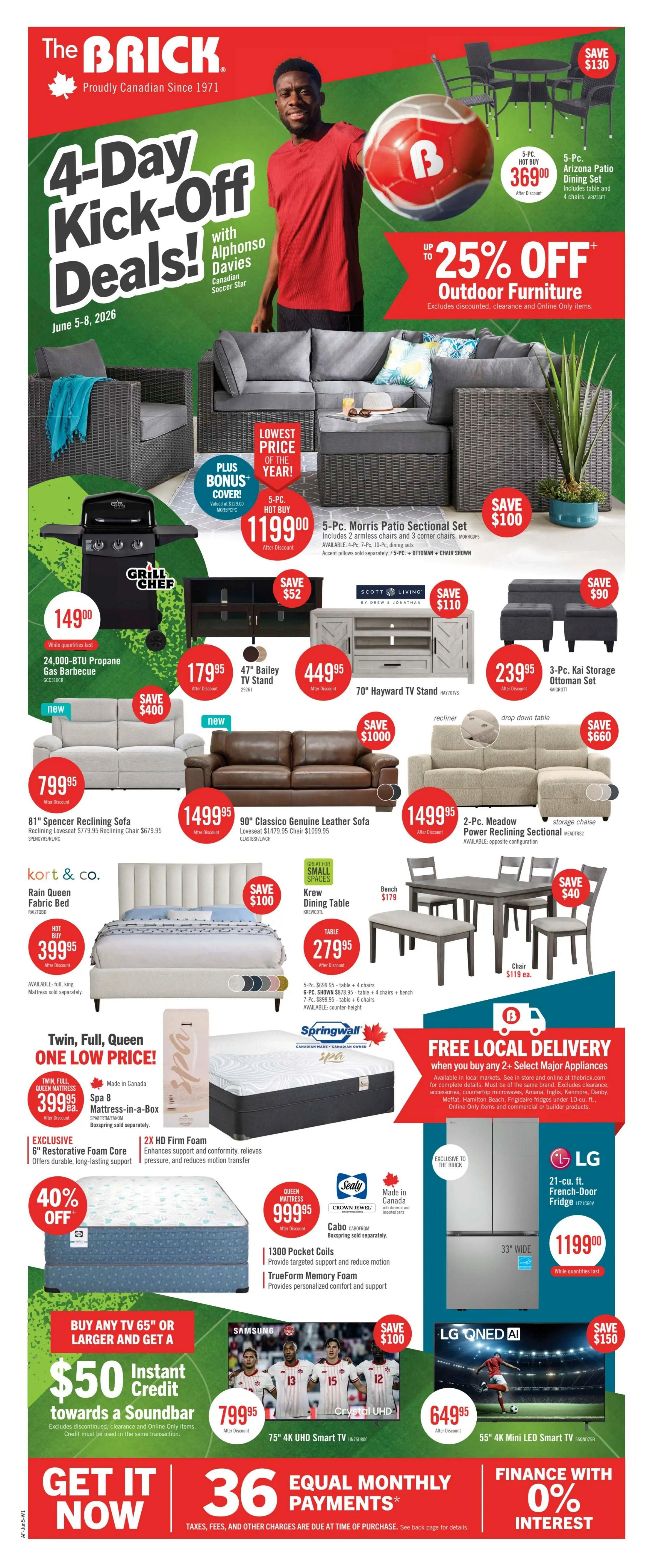 The Brick flyer page 2 features 4-Day Kick-Off Deals and Door Crashers. Hot Buy: June Futon for $399.95, saving $110. Also featured are a 90' Atlantis Power Reclining Sofa for $1399.95, a 108' Stratus Sofa Bed for $1899.95, and a 3-Pc. Haven Sleeper Sectional for $2899.95. Dining sets include a 5-Pc. Dena Dining Package for $699.95 and a 7-Pc. Bowery Dining Table set for $999.95. Bedroom furniture includes the Kort & Co. Clay Queen Fabric Bed for $399.95, Arbor Queen Bed for $199.95, and Halo Queen Bed for $599.95. Mattresses include the Beautyrest Black Executive Suite Eurotop for $1199.95 and the Stearns & Foster Founders Fleur Collection Middlesex Luxury Eurotop Queen Mattress for $2299.95, with 10% instant credit offer towards accessories with mattress purchase. Entertainment includes a 55' 4K UHD QLED Roku TV for $399.95 and a 50' 4K UHD Roku TV for $329.95. Gaming furniture includes the Torry Chairside Table for $89.95, Sparta Gaming Desk for $139.95, and Velocity Gaming Chair for $124.95. Coffee tables include the Kinsley Coffee Table for $149.95, Jesse Coffee Table for $199.95, and Landon Coffee Table for $439.95. Accent seating includes the Zello Accent Chair for $299.95 and Jax Counter Stool for $59.95. Appliances include Frigidaire 7.2 cu. ft. Retro Fridge for $349.00 and 18 cu. ft. Top-Freezer Fridge for $649.00, plus an Inglis Top-Load Laundry Team Washer & Dryer for $999.00. A 42' 1080p Roku TV is available for $199.95.