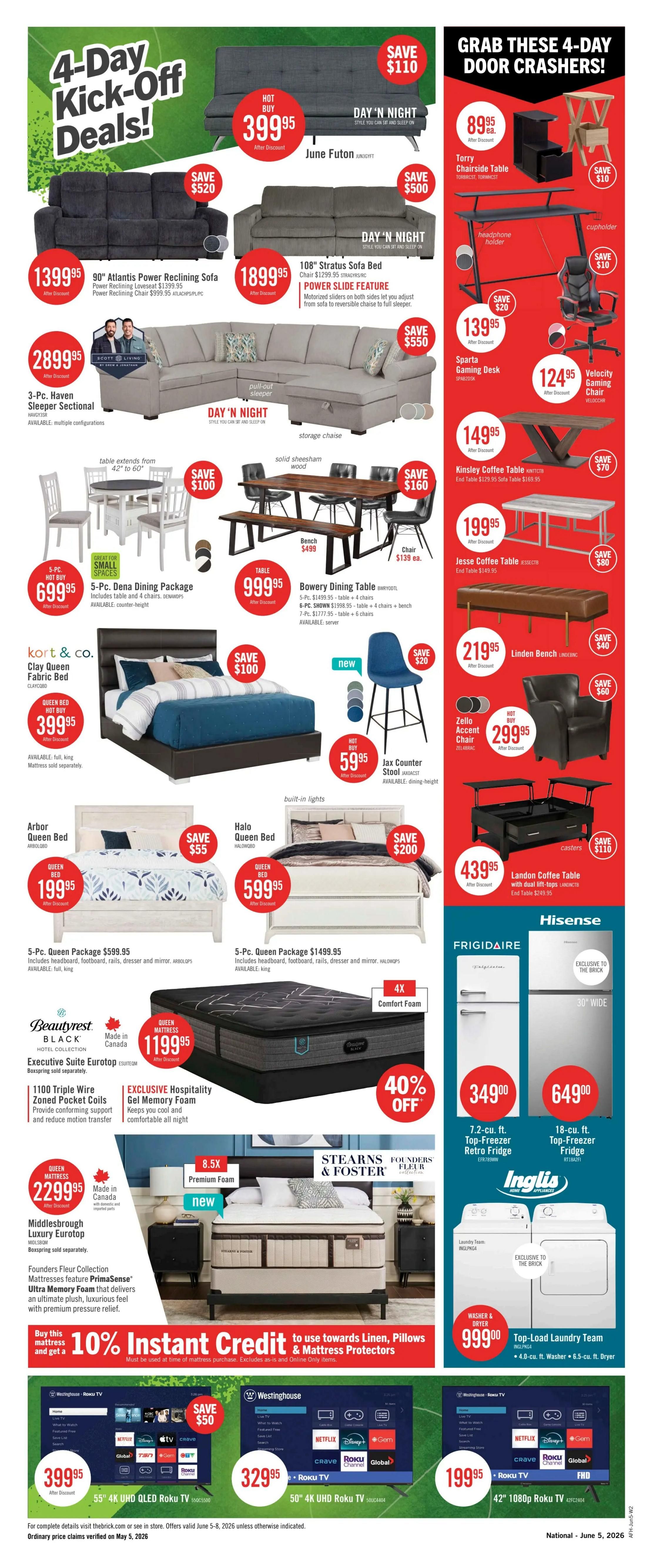 The Brick flyer page 3 features 'Score Big Savings' with Canadian Soccer Star Alphonso Davies. Highlighted deals include a Hisense 75' 4K UHD QLED Mini LED Fire TV for $999.95 (save $200), a Hisense 65' 4K UHD QLED Fire TV for $529.95 (ends June 11), and a Hisense 540 Watt 5.1 Channel Soundbar & Wireless Subwoofer for $389.95 (save $150). Also featured is a Hisense 14.7 cu. ft. Counter-Depth Bottom-Freezer Fridge for $879.00. Enter for a chance to win your purchase up to $10,000. GE Appliances offers a Top-Load Laundry Team (4.9 cu. ft. Washer, 7.2 cu. ft. Dryer) in white for $1499.00. Samsung presents a 75' 4K UHD QLED Smart TV for $999.95. Living room furniture includes a new 81' Finesse Sofa for $799.95 (save $700), an 86' Torento Genuine Leather Reclining Sofa for $1399.95 (save $760), and a DAY 'N NIGHT 3-Pc. Coast Sleeper Sectional with storage chaise for $1499.95 (save $420). The Willow Dining Table with 4 chairs is $879.95 (save $220), with chairs available for $199 each. The Chelsea Queen Storage Bed is $699.95 (lowest price of the year!). A new Springwall San Marino Queen Mattress with 884 Enhanced Pocket Coils & 2X Comfort Foam + Cooling Gel is $349.95. Dyna-Glo 75,000-BTU Propane Gas Barbecue is $499.00. TCL Portable Smart Air Conditioner starting at $299. The 4-Pc. Barcelona Patio Conversation Set is $1999.00 (lowest price of the year!). Financing options include 36 Equal Monthly Payments with 0% interest.