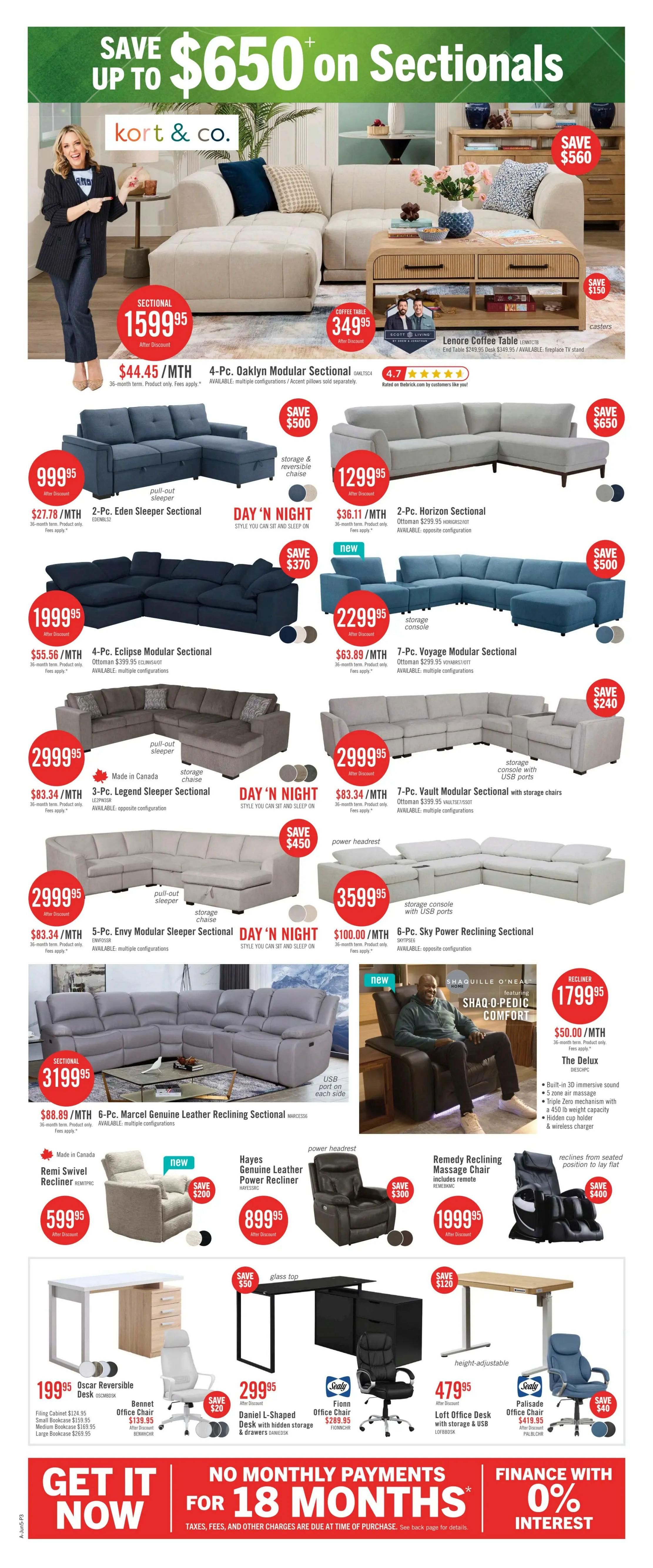 The Brick flyer page 8 features savings up to $650 on sectionals. Highlights include the 4-Pc. Oaklyn Modular Sectional for $1599.95 ($44.45/month), the 2-Pc. Eden Sleeper Sectional for $999.95 ($27.78/month), and the 2-Pc. Horizon Sectional for $1299.95 ($36.11/month). Also featured are the 4-Pc. Eclipse Modular Sectional for $1999.95 ($55.56/month), the 7-Pc. Voyage Modular Sectional for $2299.95 ($63.89/month), the 3-Pc. Legend Sleeper Sectional for $2999.95 ($83.34/month), and the 7-Pc. Vault Modular Sectional with storage chairs for $2999.95 ($83.34/month). Other sectionals include the 5-Pc. Envy Modular Sleeper Sectional for $2999.95 ($83.34/month) and the 6-Pc. Sky Power Reclining Sectional for $3599.95 ($100.00/month). Reclining sectionals are also on sale, with the 6-Pc. Marcel Genuine Leather Reclining Sectional priced at $3199.95 ($88.89/month). Featured recliners include the Remi Swivel Recliner for $599.95 (Save $200), the Hayes Genuine Leather Power Recliner for $899.95 (Save $300), and the Deluxe Recliner for $1799.95 ($50.00/month). The page also showcases the Remedy Reclining Massage Chair for $1999.95 (Save $400). Office furniture includes the Oscar Reversible Desk for $199.95, the Daniel L-Shaped Desk with hidden storage for $299.95, the Fionn Office Chair for $289.95, the Loft Office Desk with storage & USB for $479.95, and the Palisade Office Chair for $419.95 (Save $40). The flyer also promotes 'Get It Now' with 'No Monthly Payments for 18 Months' and '0% Interest' financing options.
