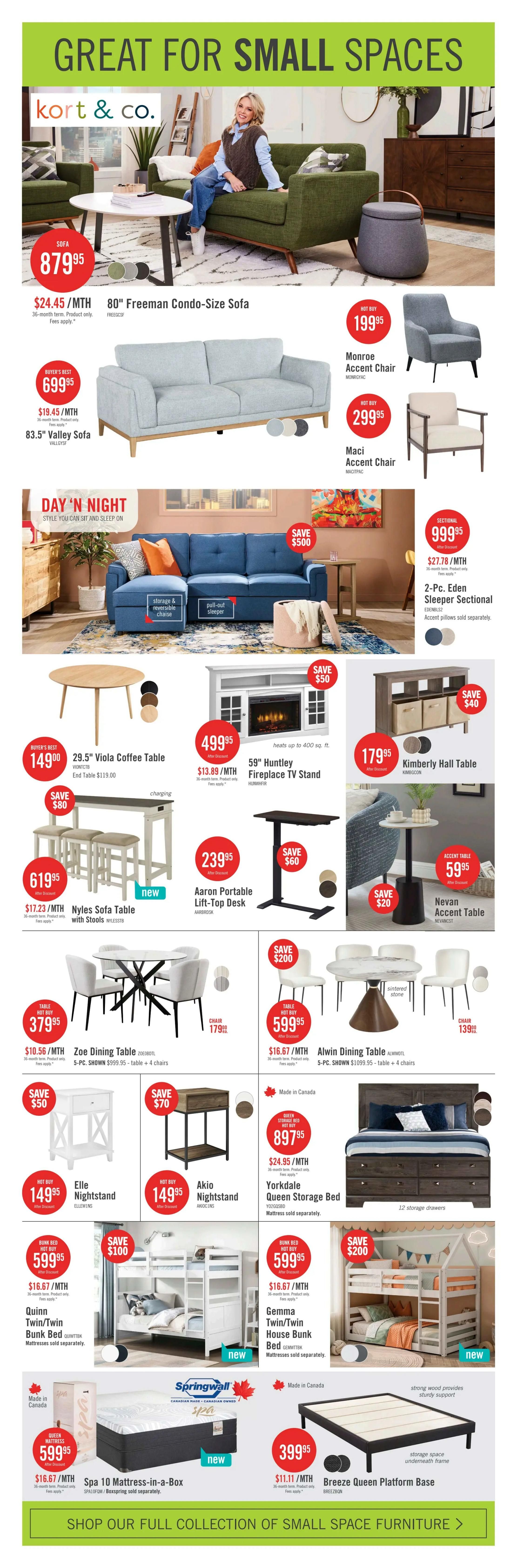 The Brick flyer page 10 features 'Great for Small Spaces' furniture. Highlights include the Kort & Co. 80' Freeman Condo-Size Sofa for $879.95, with monthly payments of $24.45. Also featured is the 83.5' Valley Sofa for $699.95, with monthly payments of $19.45. Two accent chairs are shown: the Monroe Accent Chair for $199.95 and the Maci Accent Chair for $299.95. The 'Day 'n Night' section showcases a blue sectional sofa with pull-out sleeper and storage for $999.95, with monthly payments of $27.78. Other furniture includes the 29.5' Viola Coffee Table for $149.00, the Nyles Sofa Table with Stools for $619.95 ($17.23/MTH), the Aaron Portable Lift-Top Desk for $239.95 (save $60), the 59' Huntley Fireplace TV Stand for $499.95 ($13.89/MTH, save $50), and the Kimberly Hall Table for $179.95 (save $40). Dining sets are available: the Zoe Dining Table (5-pc.) for $379.95 ($10.56/MTH) and the Alwin Dining Table (5-pc.) for $599.95 ($16.67/MTH). Bedroom furniture includes the Elle Nightstand for $149.95, the Akio Nightstand for $149.95, the Yorkdale Queen Storage Bed for $897.95 ($24.95/MTH), the Quinn Twin/Twin Bunk Bed for $599.95 ($16.67/MTH), the Gemma Twin/Twin House Bunk Bed for $599.95 ($16.67/MTH), and the Nevan Accent Table for $59.95. Mattresses and bases are also on sale: the Springwall Spa 10 Mattress-in-a-Box for $599.95 ($16.67/MTH) and the Breeze Queen Platform Base for $399.95 ($11.11/MTH). A call to action invites shoppers to 'Shop Our Full Collection of Small Space Furniture.
