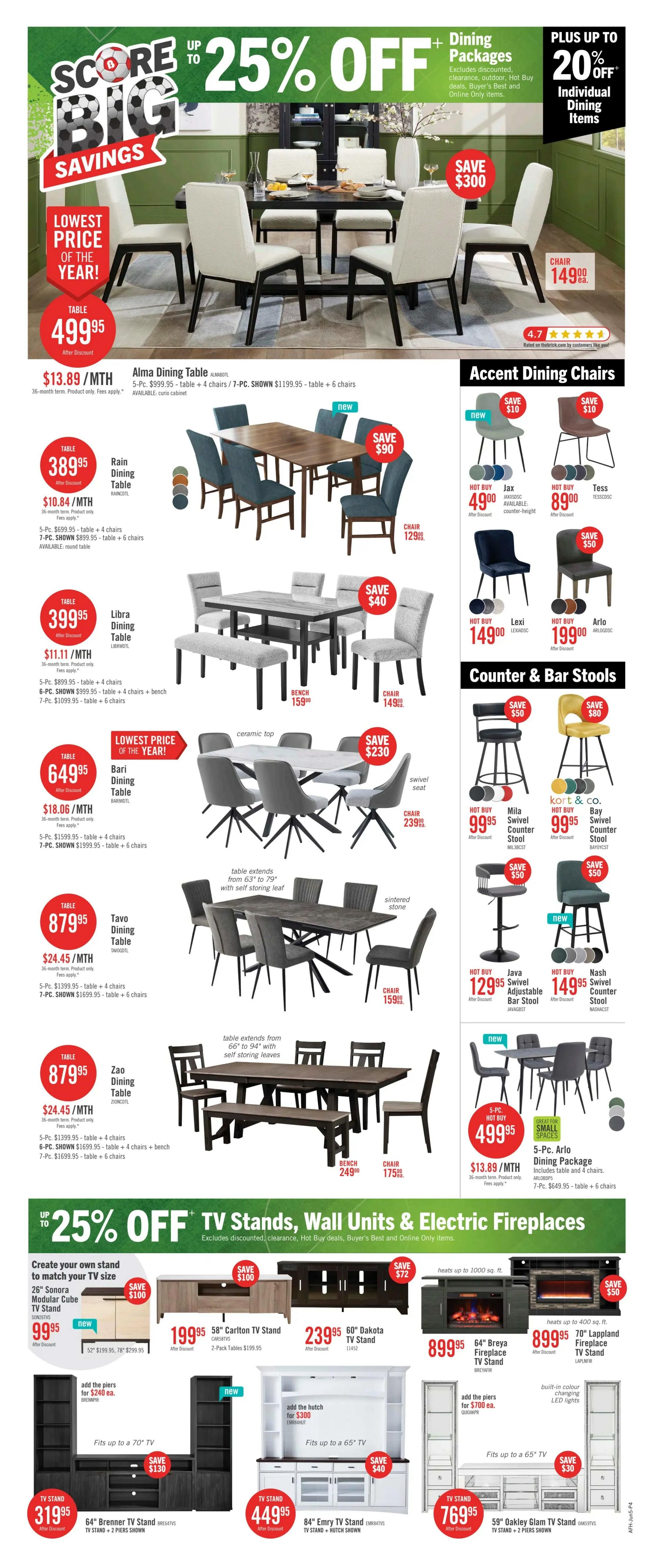 The Brick flyer page 11 features up to 25% off dining packages and individual dining items, plus up to 20% off individual dining items. Featured dining sets include the Alma Dining Table for $499.95, the Rain Dining Table for $389.95, the Libra Dining Table for $399.95, the Bari Dining Table for $649.95, the Tavo Dining Table for $879.95, and the Zao Dining Table for $879.95. Accent dining chairs like Jax are $49.99 and Tess are $89.99. Counter and bar stools include Mila for $99.95, Bay for $99.95, Java for $129.95, and Nash for $149.95. Small space dining options include the 5-Pc. Arlo Dining Package for $499.95. The flyer also highlights up to 25% off TV stands, wall units, and electric fireplaces. Available TV stands include the 26' Sonora Modular Cube TV Stand for $99.95, 58' Carlton TV Stand for $199.95, 60' Dakota TV Stand for $239.95, 64' Brenner TV Stand for $319.95, 84' Emry TV Stand for $449.95, and 59' Oakley Glam TV Stand for $769.95. Electric fireplaces include the 64' Breya Fireplace TV Stand for $899.95 and 70' Lappland Fireplace TV Stand for $899.95.