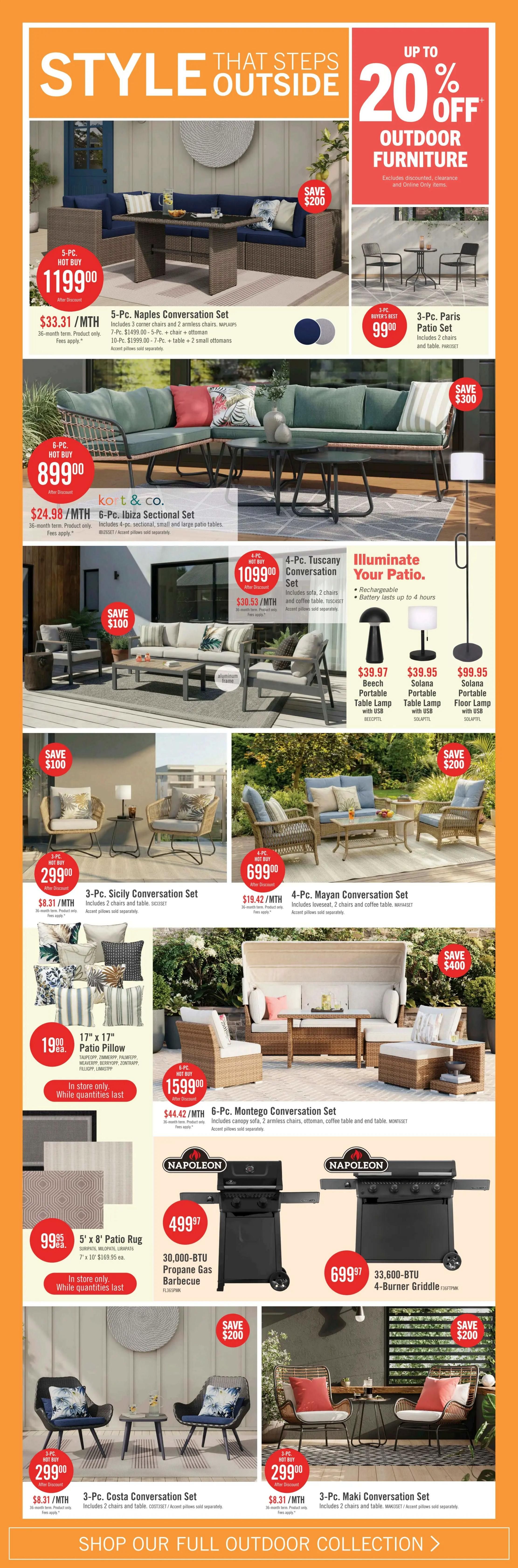 The Brick flyer page 12 features 'Style That Steps Outside' with up to 20% off outdoor furniture. Highlights include the 5-Pc. Naples Conversation Set for $1199.00 (save $200), the 6-Pc. Ibiza Sectional Set for $899.00, and the 4-Pc. Tuscany Conversation Set for $1099.00 (save $100). Also featured are the 3-Pc. Paris Patio Set for $99.00, the 3-Pc. Sicily Conversation Set for $299.00, and the 4-Pc. Mayan Conversation Set for $699.00 (save $200). Outdoor accessories include 17' x 17' Patio Pillows for $19.00 each and 5' x 8' Patio Rugs for $99.95 each. Grilling options include a 30,000-BTU Napoleon Propane Gas Barbecue for $499.97 and a 33,600-BTU 4-Burner Griddle for $699.97. Additionally, the 6-Pc. Montego Conversation Set is available for $1599.00 (save $400). Lighting options include the Beech Portable Table Lamp with USB for $39.97, the Solana Portable Table Lamp with USB for $39.95, and the Solana Portable Floor Lamp with USB for $99.95. The page also showcases the 3-Pc. Costa Conversation Set for $299.00 and the 3-Pc. Maki Conversation Set for $299.00.