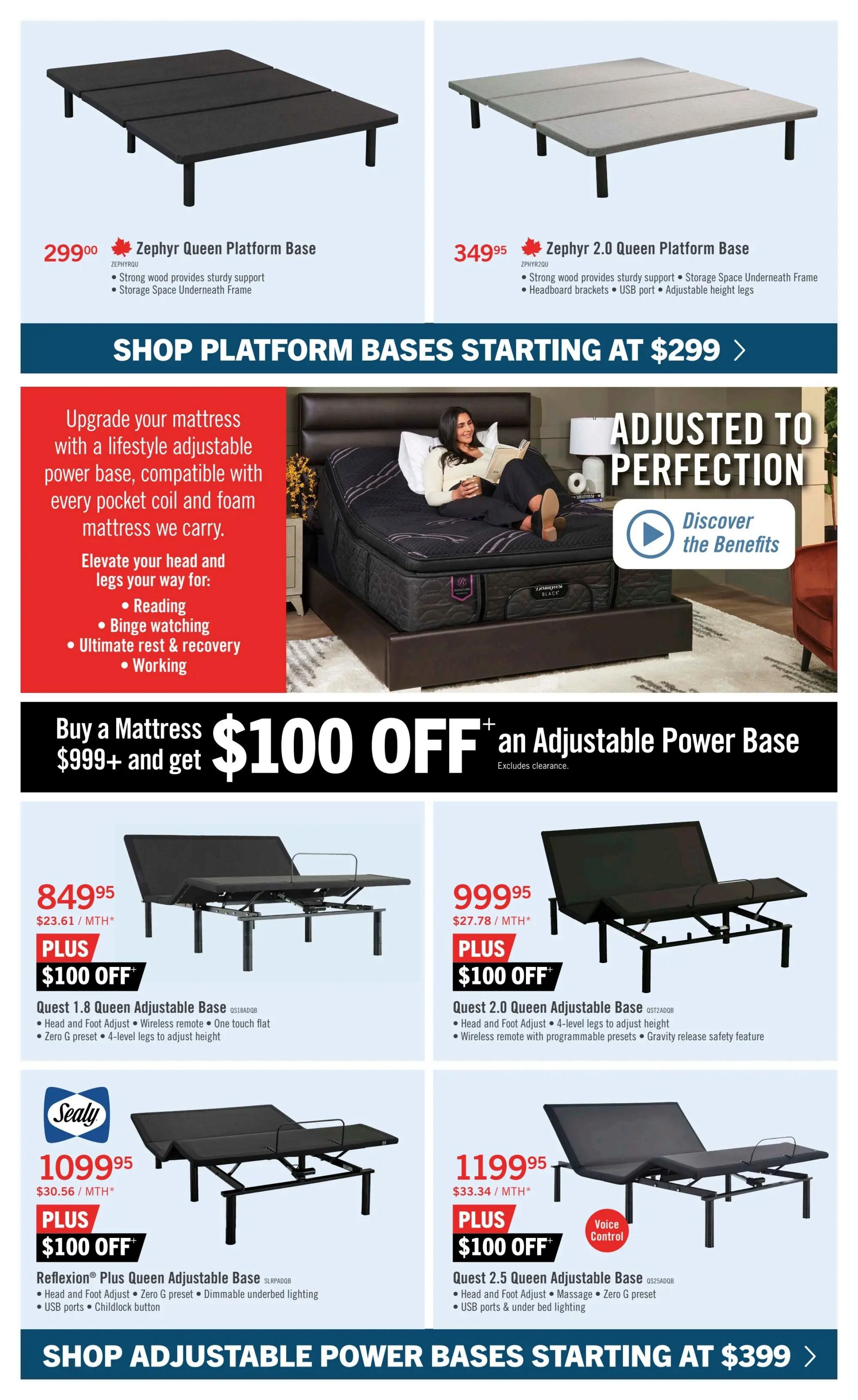 The Brick flyer page 8 features adjustable power bases and platform bases. Top row shows the Zephyr Queen Platform Base for $299.99 and the Zephyr 2.0 Queen Platform Base for $349.95. A large section promotes upgrading your mattress with a lifestyle adjustable power base, highlighting benefits like reading, binge watching, ultimate rest, and working, with the tagline 'Adjusted to Perfection'. A special offer states: Buy a mattress $999+ and get $100 OFF an adjustable power base (excludes clearance). Below, four adjustable bases are featured: Quest 1.8 Queen Adjustable Base for $849.95 with $100 OFF, Quest 2.0 Queen Adjustable Base for $999.95 with $100 OFF, Sealy Reflexion Plus Queen Adjustable Base for $1099.95 with $100 OFF, and Quest 2.5 Queen Adjustable Base with Voice Control for $1199.95 with $100 OFF. The page concludes with 'Shop Adjustable Power Bases Starting at $399'.