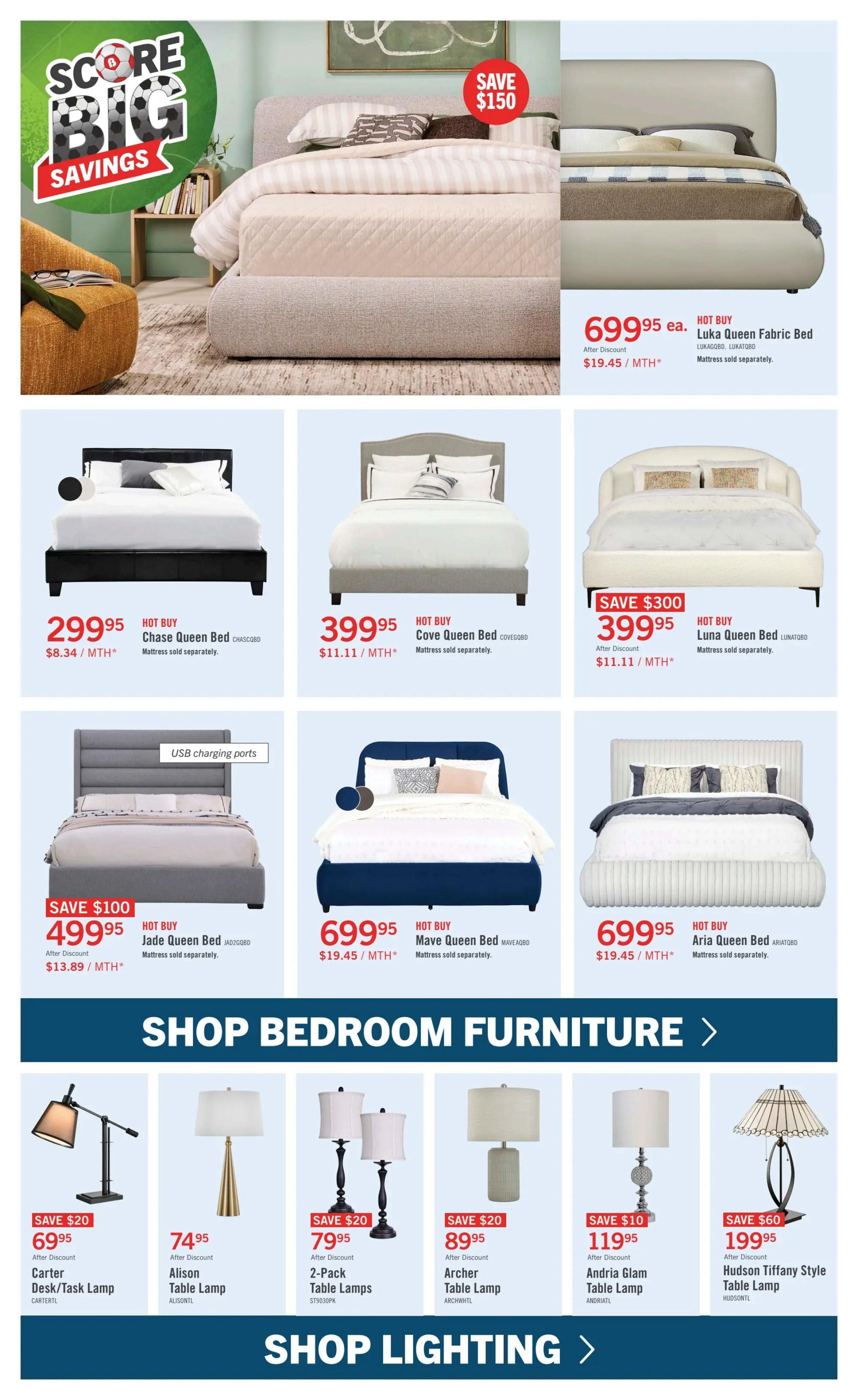 The Brick flyer page 9 features a 'Score Big Savings' section with a large bed display, offering a save of $150 on a Luka Queen Fabric Bed for $699.95. Other beds include the Chase Queen Bed for $299.95, Cove Queen Bed for $399.95, Luna Queen Bed for $399.95 (save $300), Jade Queen Bed for $499.95 (save $100), and Aria Queen Bed for $699.95. All mattresses are sold separately. Below, shop bedroom furniture with options like the Carter Desk/Task Lamp for $69.95 (save $20), Alison Table Lamp for $74.95, a 2-Pack Table Lamps for $79.95 (save $20), and Archer Table Lamp for $89.95 (save $20). The 'Shop Lighting' section includes the Andria Glam Table Lamp for $119.95 (save $10) and the Hudson Tiffany Style Table Lamp for $199.95 (save $60).