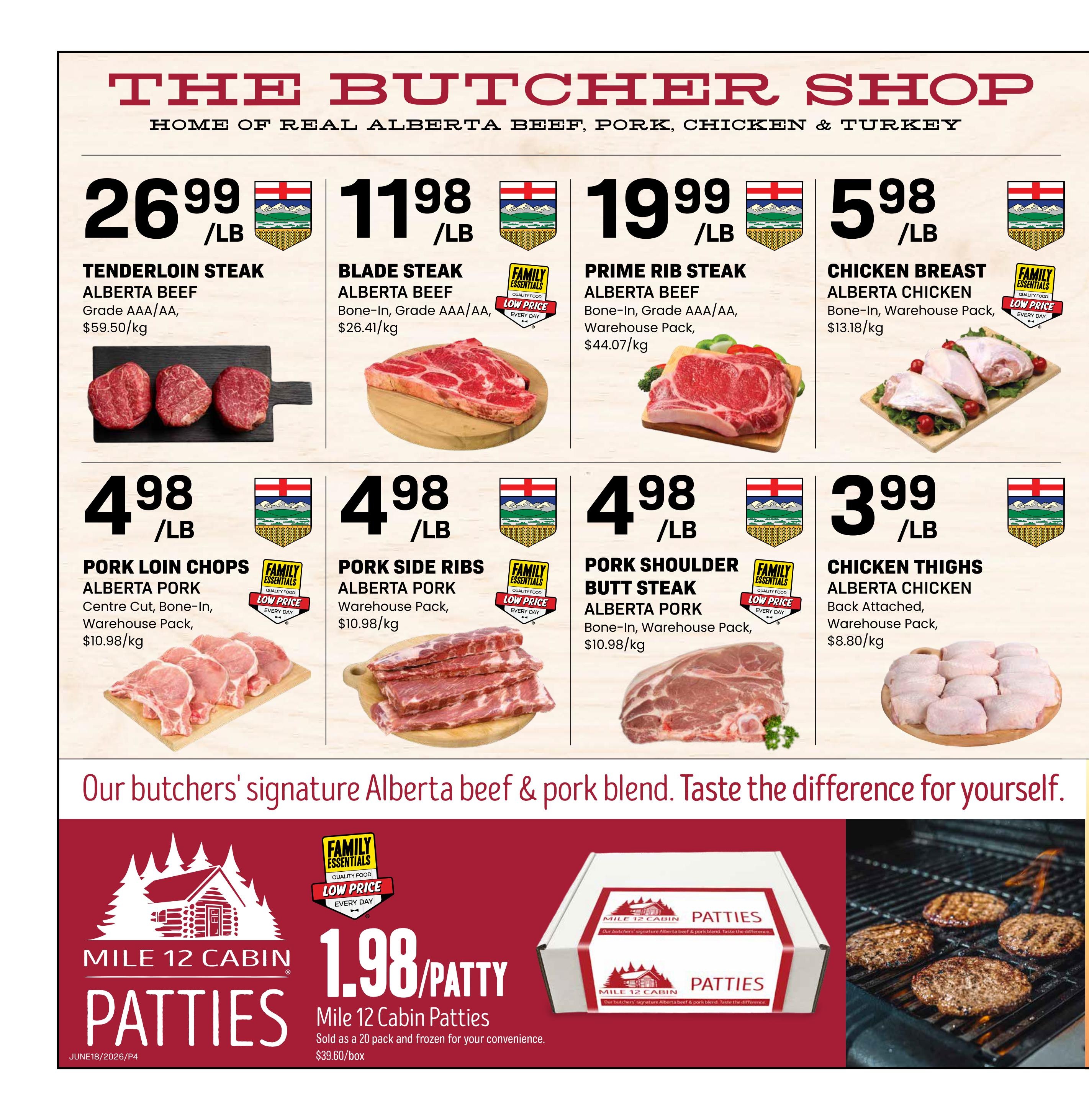 Freson Bros weekly flyer specials page 4. Featuring Alberta Beef Tenderloin Steak at $26.99/lb, Blade Steak at $11.98/lb, and Prime Rib Steak at $19.99/lb. Also available are Alberta Chicken Breast at $5.98/lb. Pork specials include Pork Loin Chops at $4.98/lb, Pork Side Ribs at $4.98/lb, and Pork Shoulder Butt Steak at $4.98/lb. All pork items are from Alberta Pork and sold in warehouse packs. Chicken Thighs from Alberta Chicken are $3.99/lb, back attached and warehouse packed. The bottom section highlights Mile 12 Cabin Patties at $1.98/patty, sold as a 20 pack frozen for $39.60/box.