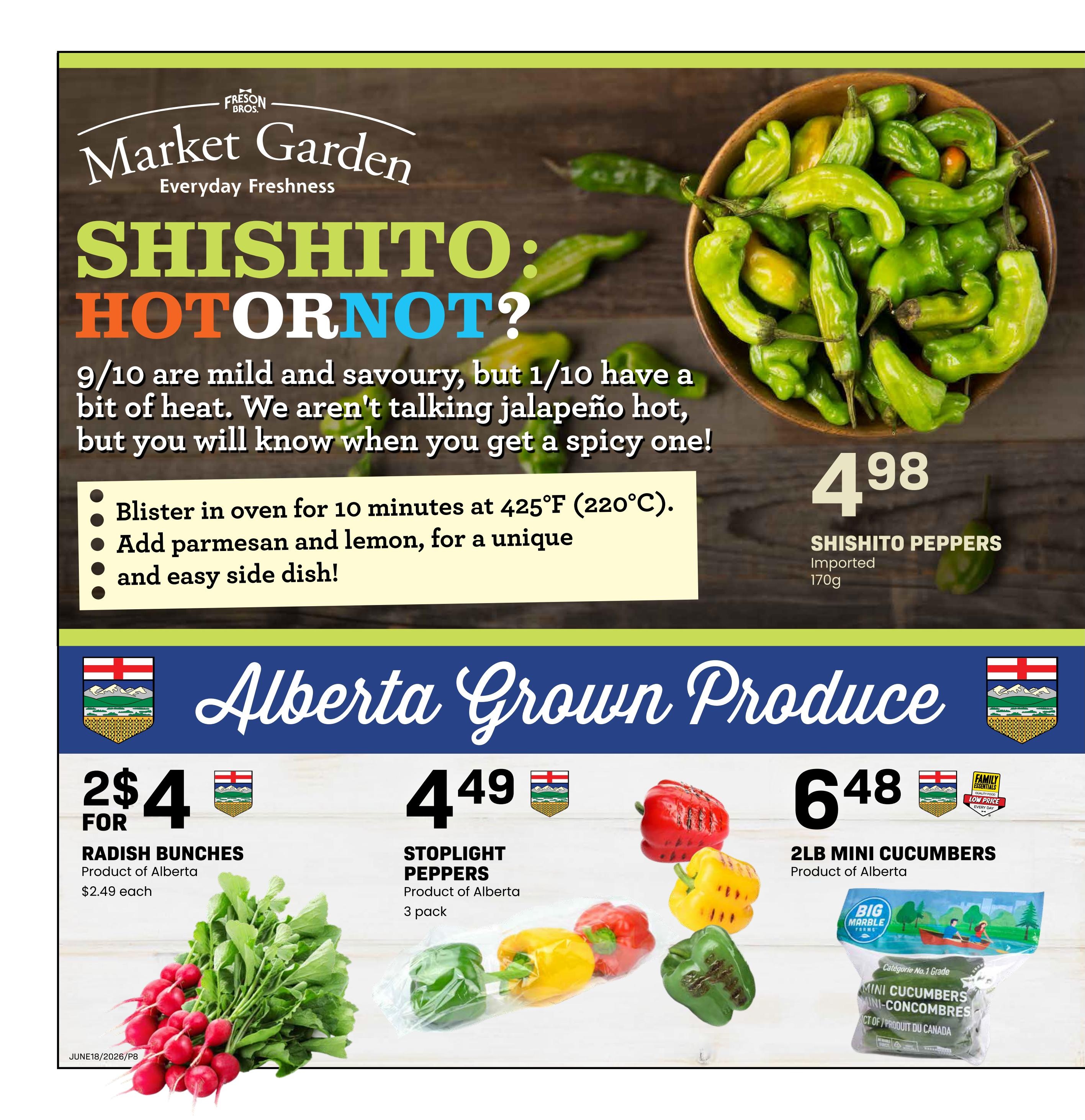 Freson Bros weekly flyer specials page 8 features Market Garden Shishito Peppers, imported 170g for $4.98. The page also highlights Alberta Grown Produce including Radish Bunches for 2 for $4, with a price of $2.49 each. Stoplight Peppers, product of Alberta, are available in a 3 pack for $4.49. Additionally, 2lb Mini Cucumbers, product of Alberta, are priced at $6.48 and feature a 'Family Essentials Low Price' badge.