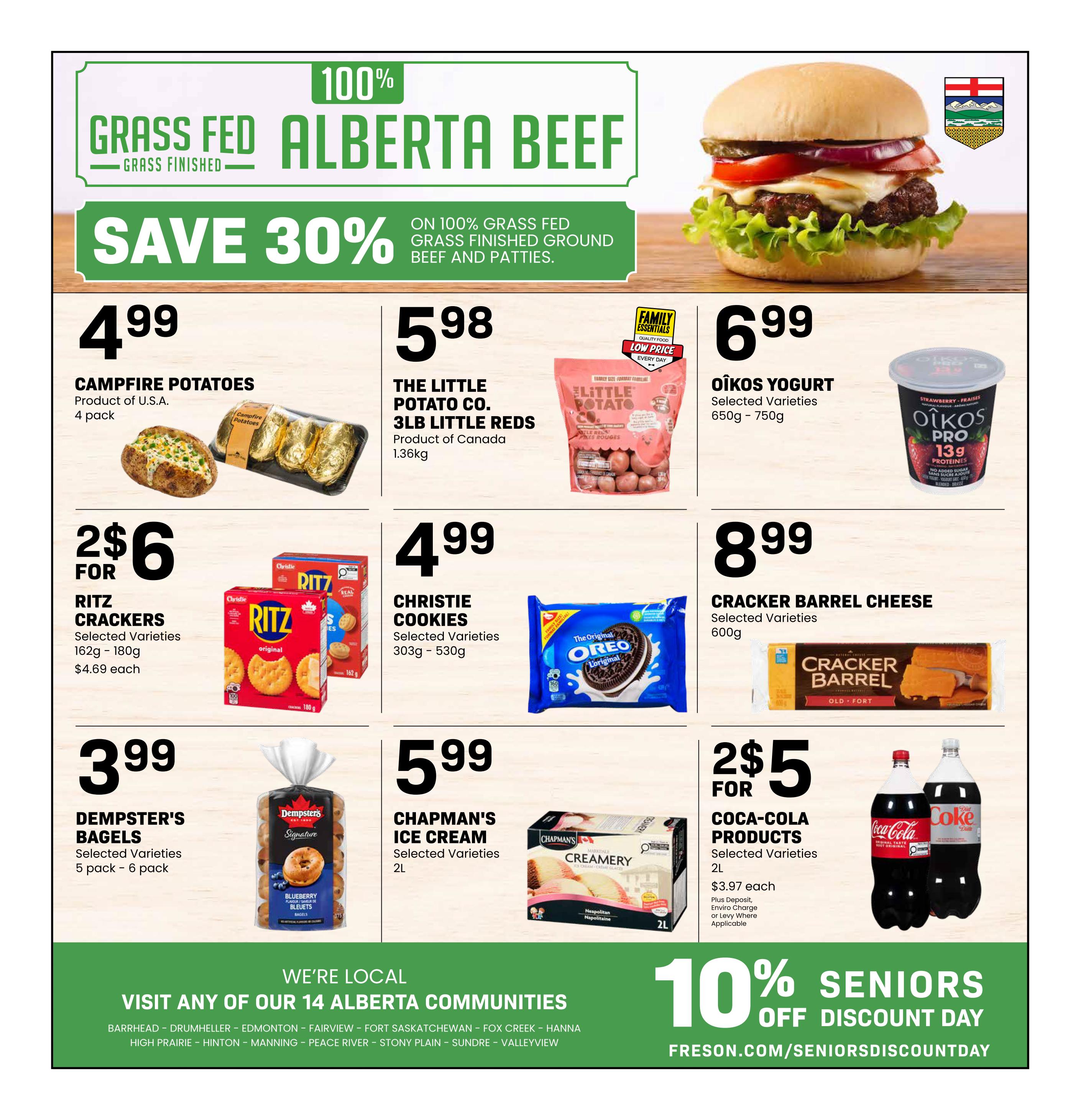 Freson Bros weekly flyer specials page 12 featuring 100% Grass Fed Alberta Beef with a 30% savings offer. Products on sale include Campfire Potatoes for $4.99, The Little Potato Co. 3lb Little Reds for $5.98, and Oikos Yogurt for $6.99. Also featured are Ritz Crackers 2 for $6, Christie Cookies for $4.99, and Cracker Barrel Cheese for $8.99. Dempster's Bagels are $3.99, Chapman's Ice Cream is $5.99, and Coca-Cola Products are 2 for $5. The flyer also highlights 10% Seniors Off Discount Day with details at freson.com/seniorsdiscountday and lists 14 local Alberta communities served by Freson Bros.