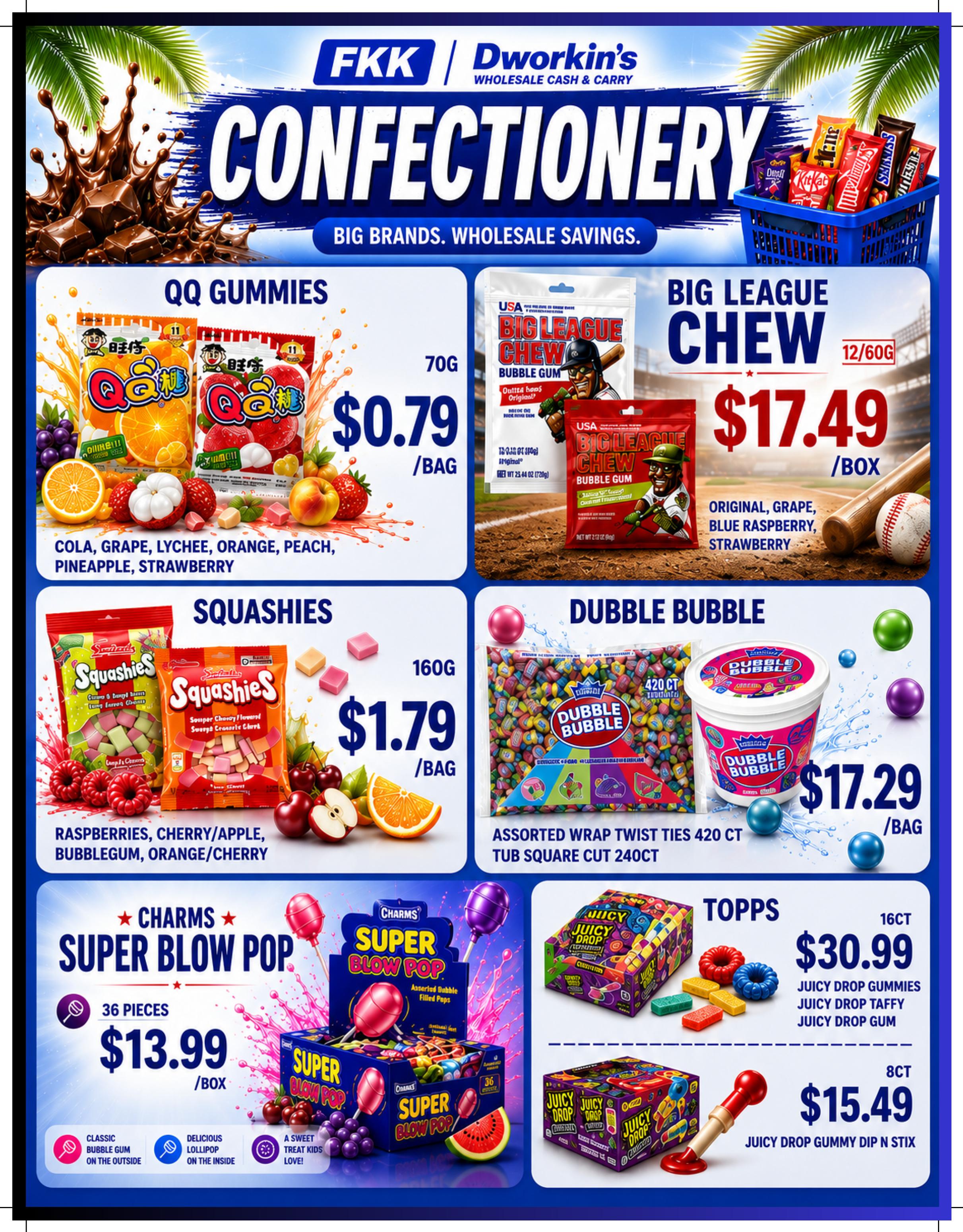 FKK Dworkin's Confectionery flyer specials page 2. Featuring QQ Gummies in Cola, Grape, Lychee, Orange, Peach, Pineapple, and Strawberry flavours for $0.79 per bag. Big League Chew bubble gum in Original, Grape, Blue Raspberry, and Strawberry flavours is available for $17.49 per box (12/60g). Squashies in Raspberries, Cherry/Apple, Bubblegum, and Orange/Cherry flavours are priced at $1.79 per bag (160g). Dubble Bubble assorted wrap twist ties (420 ct) and tub square cut (240 ct) are $17.29 per bag. Charms Super Blow Pop (36 pieces) is $13.99 per box, featuring classic bubble gum on the outside and a delicious lollipop on the inside. Topps Juicy Drop Gummies, Juicy Drop Taffy, and Juicy Drop Gum (16ct) are $30.99. Juicy Drop Gummy Dip N Stix (8ct) are $15.49.