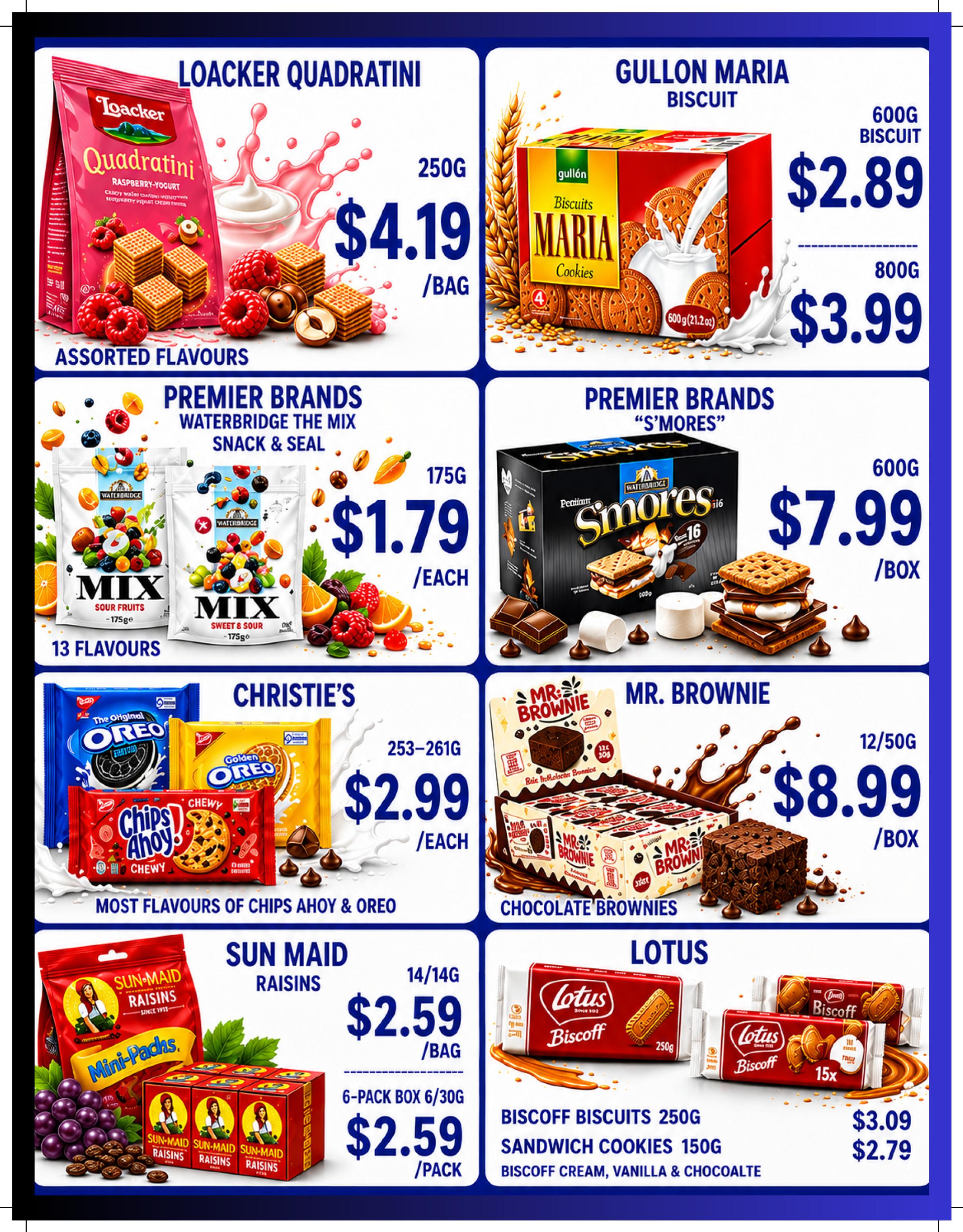 FKK Wholesale flyer specials page 4 features a variety of biscuits and snacks. Loacker Quadratini Raspberry-Yogurt are available for $4.19 per bag. Gullon Maria Biscuits are on sale for $2.89 for a 600g pack and $3.99 for an 800g pack. Premier Brands Waterbridge The Mix Snack & Seal, in 13 assorted flavours, is $1.79 each for 175g bags. Premier Brands 'S'Mores' biscuits are $7.99 per box of 600g. Christie's cookies, including Original Oreo, Golden Oreo, and Chips Ahoy Chewy, are $2.99 each for 253-261g packages. Mr. Brownie Chocolate Brownies are $8.99 per box of 12/50g. Sun-Maid Raisins, including Mini-Padas, are $2.59 per 14/14G bag and $2.59 for a 6-pack box of 6/30g. Lotus Biscoff Biscuits 250g are $3.09, and Sandwich Cookies 150g are $2.79. Also available are Biscoff Cream, Vanilla & Chocolate.