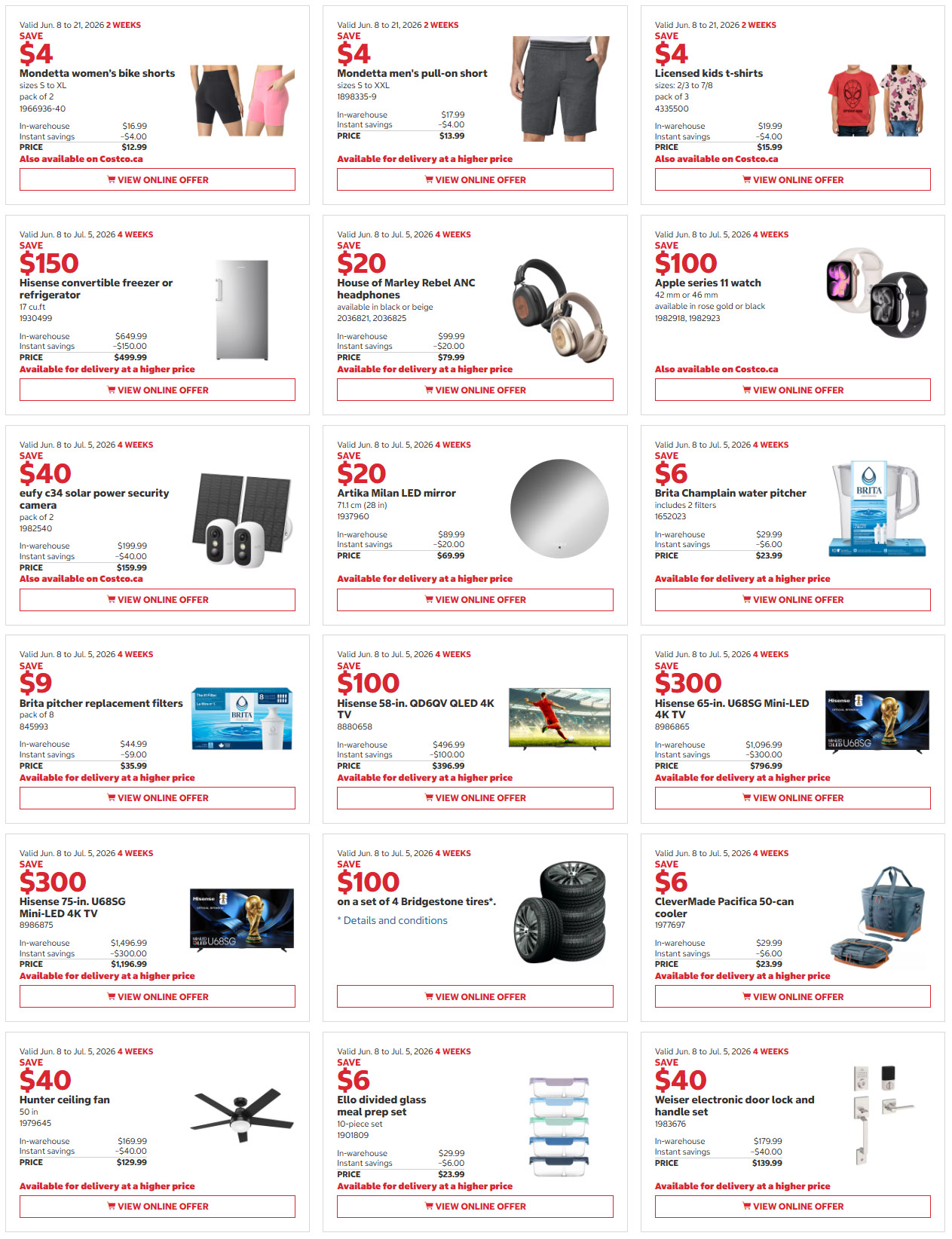 Costco flyer page 2 features savings from June 8 to July 5, 2026. Deals include Mondetta women's bike shorts for $12.99, Mondetta men's pull-on shorts for $13.99, and licensed kids' t-shirts (pack of 3) for $15.99. Save $150 on a Hisense convertible freezer or refrigerator, now $499.99. Get House of Marley Rebel ANC headphones for $79.99 and save $100 on an Apple Series 11 watch, priced at $79.99. Also available are eufy c34 solar power security cameras (pack of 2) for $159.99, Artika Milan LED mirror for $69.99, and a Brita Champlain water pitcher with 2 filters for $23.99. Save $9 on Brita pitcher replacement filters (pack of 8), now $35.99. Electronics deals include a Hisense 58-inch QDQVQ QLED 4K TV for $396.99 and a Hisense 65-inch U685G Mini-LED 4K TV for $796.99. Save $100 on a set of 4 Bridgestone tires. Other offers are a Hunter ceiling fan for $129.99, an Ello divided glass meal prep set (10-piece) for $23.99, and a Weiser electronic door lock and handle set for $139.99.