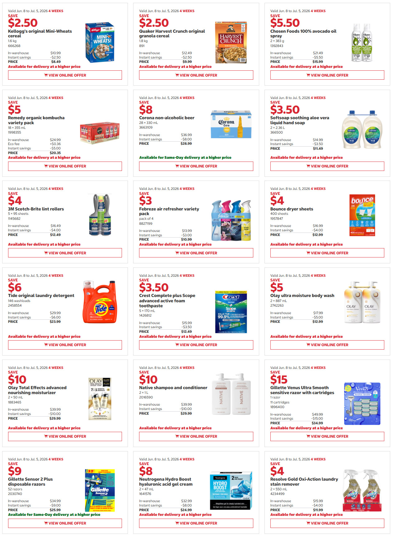 Costco flyer page 5 features savings on a variety of products. Save $2.50 on Kellogg's original Mini-Wheats cereal, priced at $8.49. Save $2.50 on Quaker Harvest Crunch original granola cereal, priced at $9.99. Save $5.50 on Chosen Foods 100% avocado oil spray, priced at $15.99. Save $5 on Remedy organic kombucha variety pack, priced at $20.35. Save $8 on Corona non-alcoholic beer, priced at $28.99. Save $3.50 on Softsoap soothing aloe vera liquid hand soap, priced at $11.49. Save $4 on 3M Scotch-Brite lint rollers, priced at $12.49. Save $3 on Febreze air freshener variety pack, priced at $10.99. Save $4 on Bounce dryer sheets, priced at $12.99. Save $6 on Tide original laundry detergent, priced at $23.99. Save $3.50 on Crest Complete Plus Scope advanced active foam toothpaste, priced at $12.49. Save $5 on Olay ultra moisture body wash, priced at $12.99. Save $10 on Olay Total Effects advanced nourishing moisturizer, priced at $29.99. Save $10 on Native shampoo and conditioner, priced at $29.99. Save $15 on Gillette Venus Ultra Smooth sensitive razor with cartridges, priced at $34.99. Save $9 on Gillette Sensor 2 Plus disposable razors, priced at $25.99. Save $8 on Neutrogena Hydro Boost hyaluronic acid gel cream, priced at $24.99. Save $4 on Resolve Gold Oxi-Action laundry stain remover, priced at $11.99.