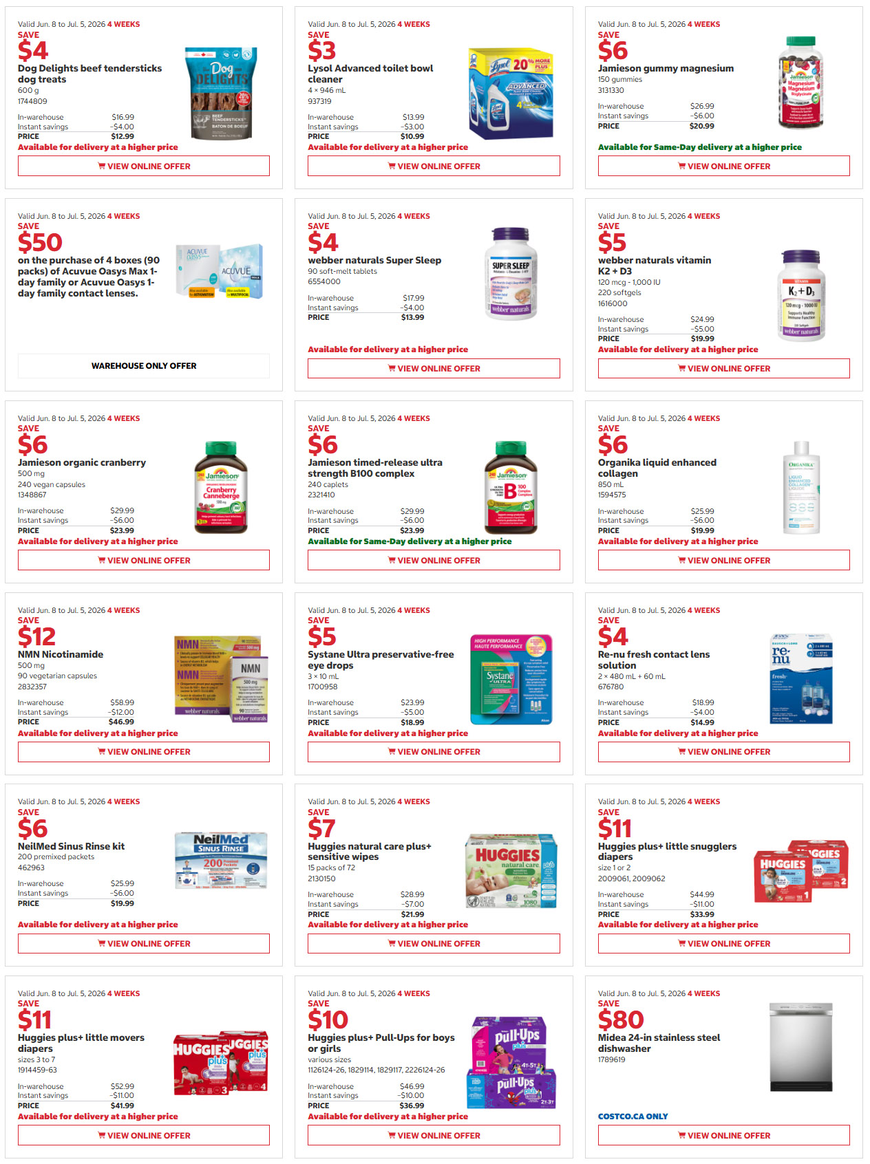 Costco flyer page 6 features savings from June 8 to July 5, 2026. Deals include Dog Delights beef tendersticks for $12.99, Lysol Advanced toilet bowl cleaner for $10.99, and Jamieson gummy magnesium for $20.99. Also available are Acuvue Oasys Max 1-day family contact lenses with a $50 purchase discount, webber naturals Super Sleep for $13.99, and webber naturals vitamin K2 + D3 for $19.99. Other offers include Jamieson organic cranberry for $23.99, Organika liquid enhanced collagen for $19.99, Jamieson timed-release ultra strength B100 complex for $23.99, NMN Nicotinamide for $46.99, and Systane Ultra preservative-free eye drops for $18.99. Re-nu fresh contact lens solution is $14.99. Savings on Huggies products include natural care+ sensitive wipes for $21.99, plus little snugglers diapers for $41.99, and Pull-Ups for boys or girls for $36.99. Finally, a Midea 24-inch stainless steel dishwasher is on sale for $80. Some items are available for same-day delivery or delivery at a higher price, while others are warehouse only.