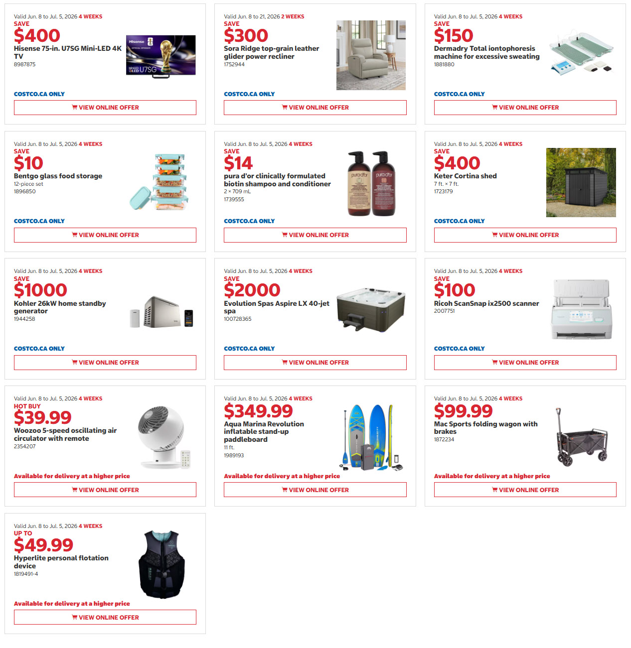 Costco flyer page 7 features savings from June 8 to July 5, 2026. Featured items include a Hisense 75-inch U7G Mini-LED 4K TV for $400, a Sora Ridge top-grain leather glider power recliner for $300, and a Dermadry Total iontophoresis machine for $150. Also available are Bentgo glass food storage (12-piece set) for $10, pura d'or clinically formulated biotin shampoo and conditioner (2 x 709 mL) for $14, and a Keter Cortina shed (7 ft x 7 ft) for $400. Other deals include a Kohler 26kW home standby generator for $1000, an Evolution Spas Aspire LX 40-jet spa for $2000, and a Ricoh ScanSnap ix2500 scanner for $100. Additionally, find a Woozoo 5-speed oscillating air circulator with remote for HOT BUY $39.99, an Aqua Marina Revolution inflatable stand-up paddleboard (11 ft) for $349.99, and a Mac Sports folding wagon with brakes for $99.99. Lastly, get a Hyperlite personal flotation device for up to $49.99. All items are available for delivery at a higher price where applicable.