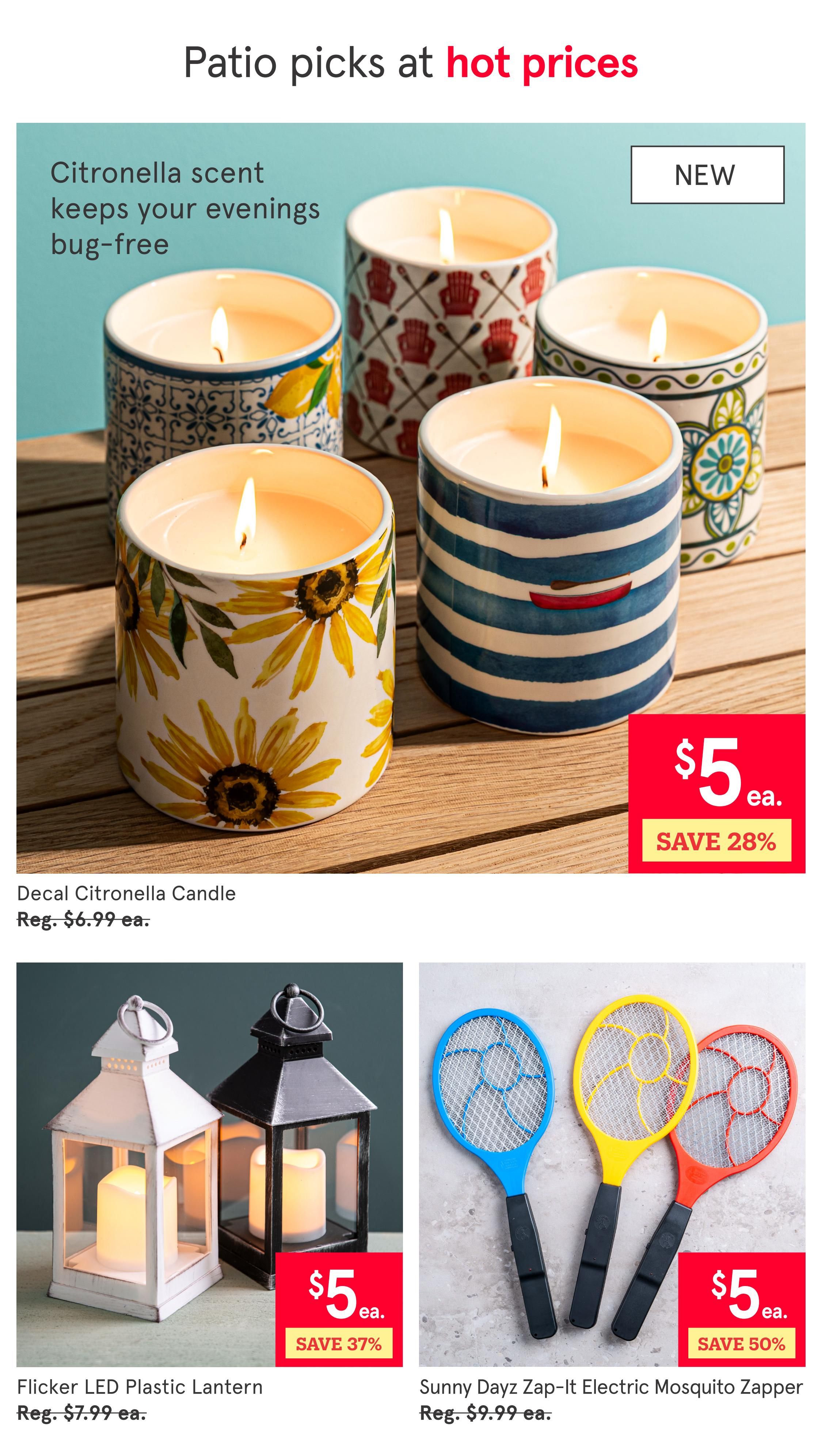 Kitchen Stuff Plus flyer page 4 features patio picks at hot prices. A selection of new citronella candles with decorative designs are available for $5 each, saving 28% off the regular price of $6.99. Also featured are Flicker LED Plastic Lanterns for $5 each, a 37% saving from the regular price of $7.99, and Sunny Dayz Zap-It Electric Mosquito Zappers for $5 each, a 50% saving from the regular price of $9.99.