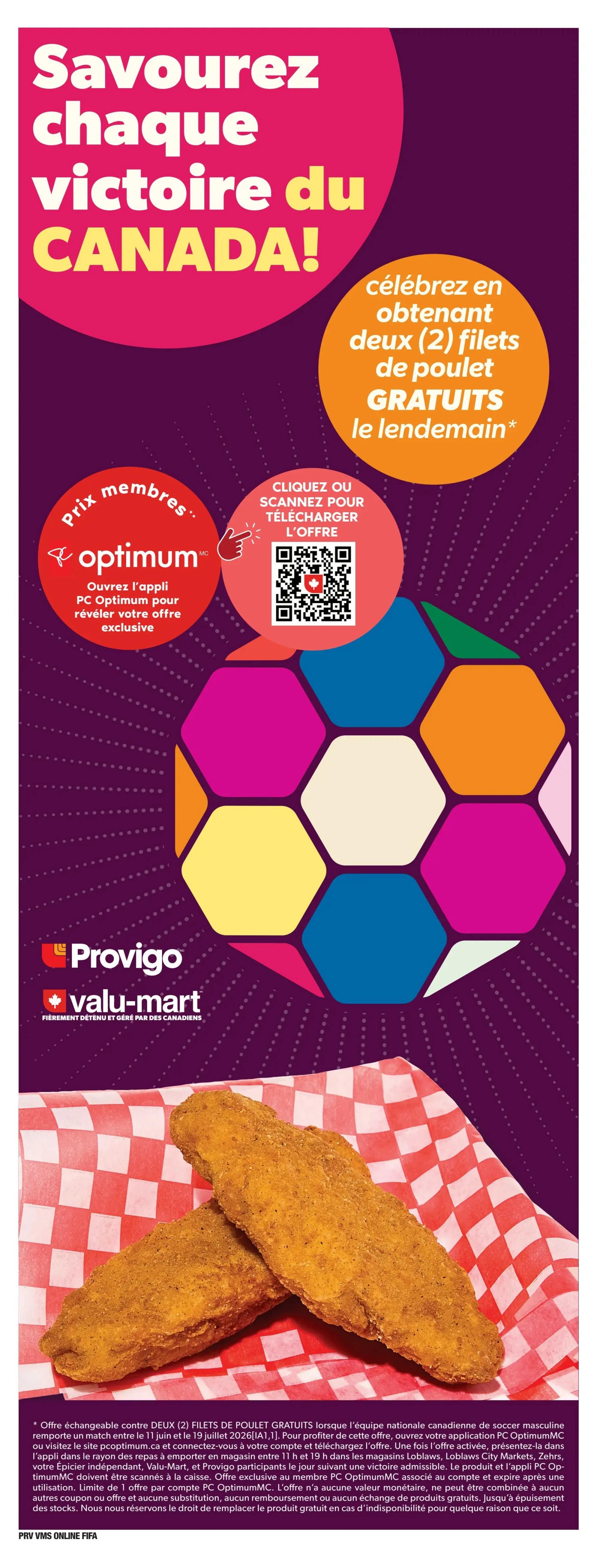 Provigo weekly flyer specials page 2 features a variety of deals. Highlighted items include chicken thighs at $5.44/lb, pork rib portion at $3.50/lb, salmon fillets and shrimp at $10/lb, SeaQuest fish fillets and wild-caught Pacific salmon fillets at $6.50, and Quebec strawberries at $4/lb. Also featured are Farmer's Market grape tomatoes for $2.50, mini cucumbers for $1.50, and blueberries for $3. Other deals include Don Specialty Salmon Steaks for $2.50, PC Naturally Smoked Bacon for 2/$6, Farmer's Market muffins for $6.50, and Oikos yogurt for $6.50. Kraft peanut butter is $4.50. Heinz Ketchup is $5. Kettle Brand potato chips are $3. Coca-Cola and Pepsi soft drinks are 3/$4.98. Oasis juice is $1.25. Tide laundry detergent is $5. PC Ultra Soft bathroom tissue is $15.99 for non-members and $6 for Optimum members. A special offer for Parmigiano Reggiano Splendido PC cheese is $4.40/100g.00g.