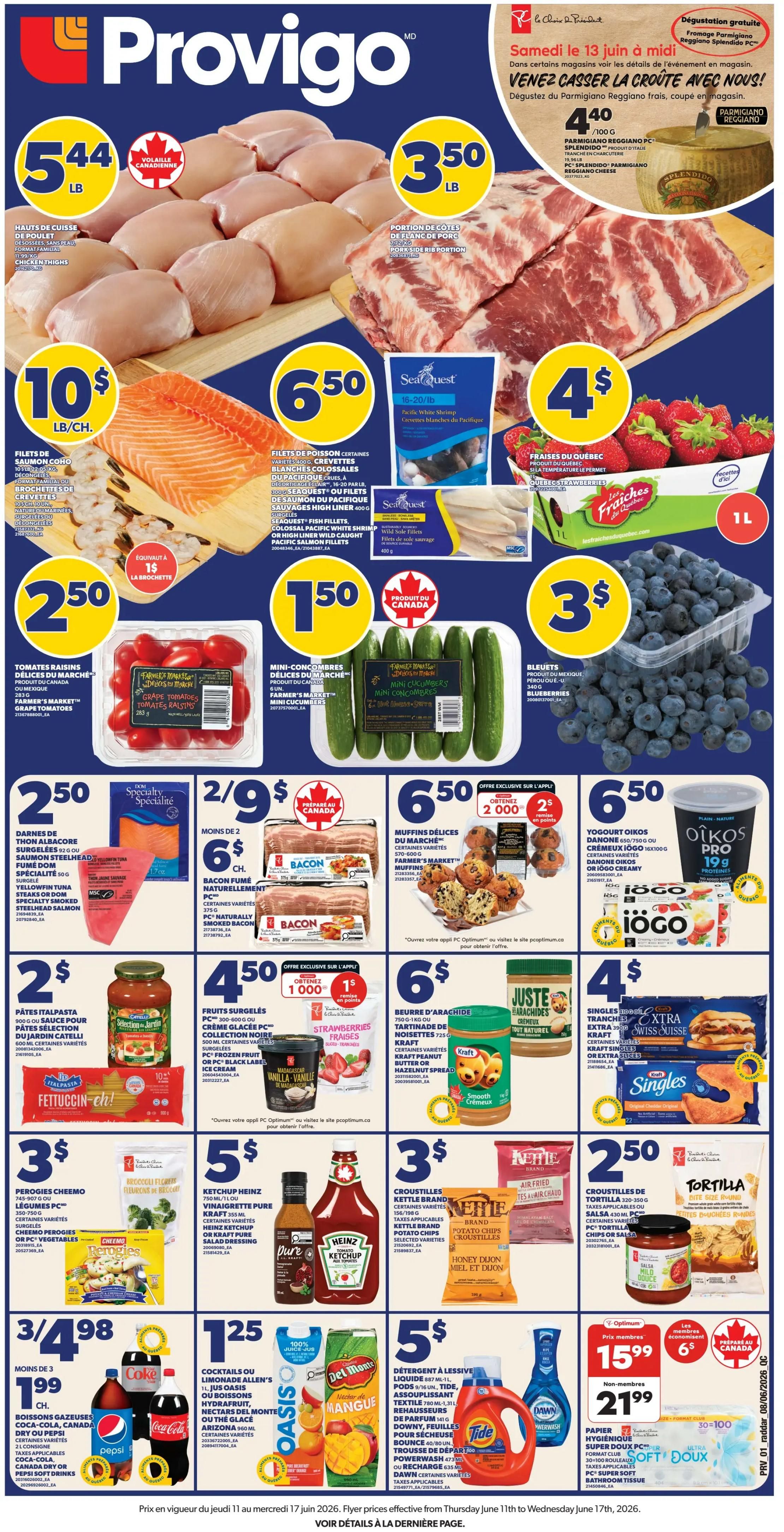 Provigo flyer page 1 features a promotion celebrating Canadian victories with free chicken fillets. Get two free chicken fillets when the Canadian men's national soccer team wins a match between June 11 and July 19, 2026. To redeem, open the PC Optimum app, connect to your account, and download the offer. Present the offer in-store at Loblaws City Markets, Zehrs, Your Independent Grocer, Valu-Mart, and Provigo between 11 AM and 7 PM on the day following a Canadian victory. This offer is exclusive to PC Optimum members and the app. One offer per PC Optimum account. The offer has no cash value and cannot be combined with other coupons or offers. Free product substitutions are not permitted. The page also highlights 'Optimum member prices' and encourages users to scan a QR code to download the offer. Two breaded chicken fillets are pictured on a red and white checkered surface.