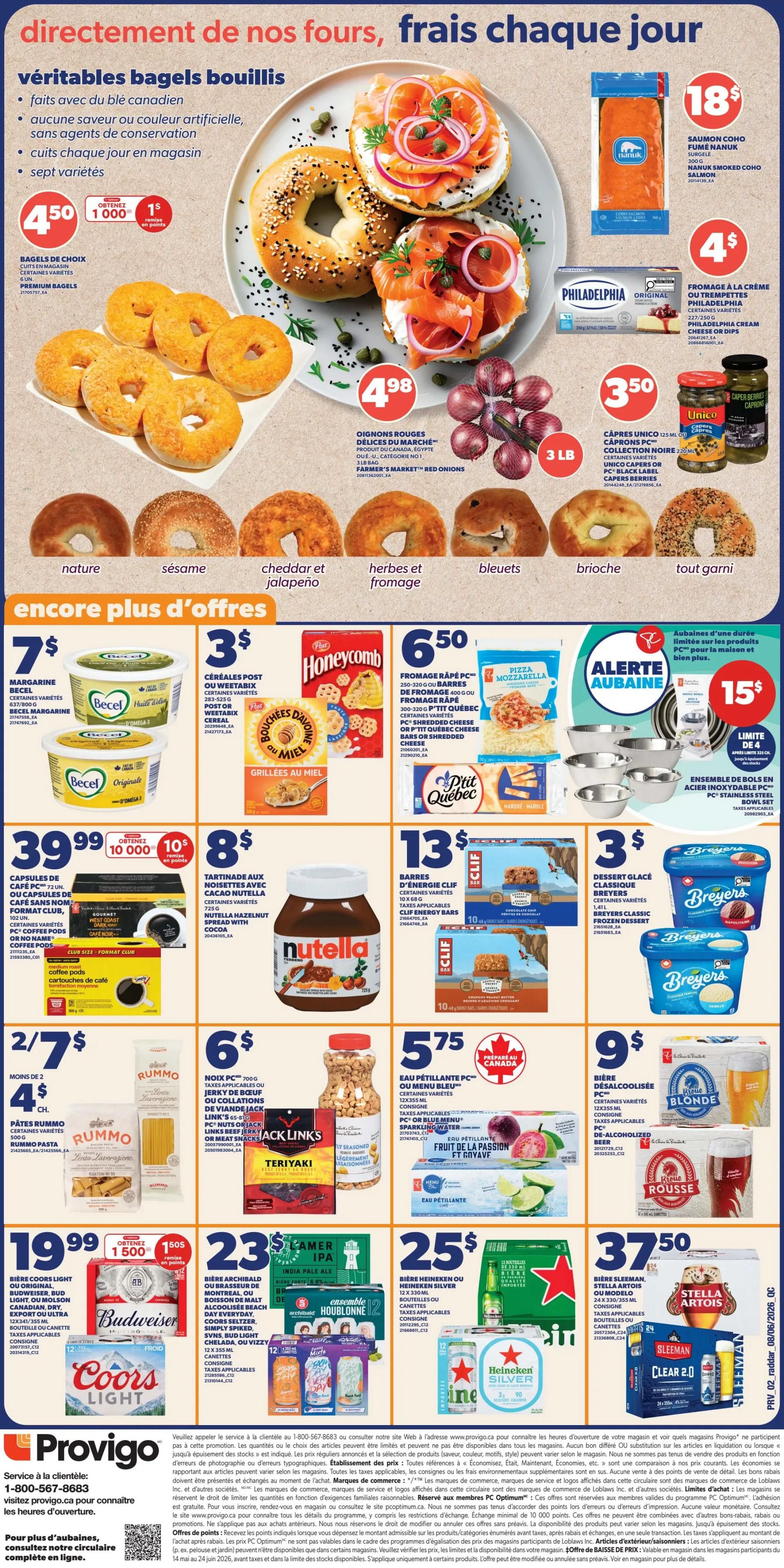 Provigo weekly flyer specials page 3 features a variety of fresh baked goods and grocery deals. Highlighted are 'véritables bagels bouillis' (authentic boiled bagels) in seven varieties for $4.50, with a $1 bonus offer when you buy 1000. Also featured are Farmer's Market Red Onions for $4.98 per 3 lb bag. Other deals include Nanuk Smoked Coho Salmon for $18, Philadelphia Cream Cheese or Dips for $4, and Unico Capers for $3.50. 'Encore plus d'offres' (more offers) include Becel Margarine for $7, Post Honeycomb Cereal for $3, and PC Shredded Cheese for $6.50. A special alert 'Alerte Aubaine' (Bargain Alert) offers a PC Stainless Steel Bowl Set for $15, limit 4. Other deals include PC Pasta for $4/2, Link's Beef or Meat Snacks for $6, PC Sparkling Water for $5.75, and PC De-Alcoholized Beer for $9. Finally, Coors Light, Budweiser, or Molson Canadian Beer 24-packs are $19.99 with a $1.50 bonus offer, Archibald India Pale Ale 12-packs are $23, and Heineken or Sleeman 12-packs are $25. Stella Artois beer is also available for $37.50.