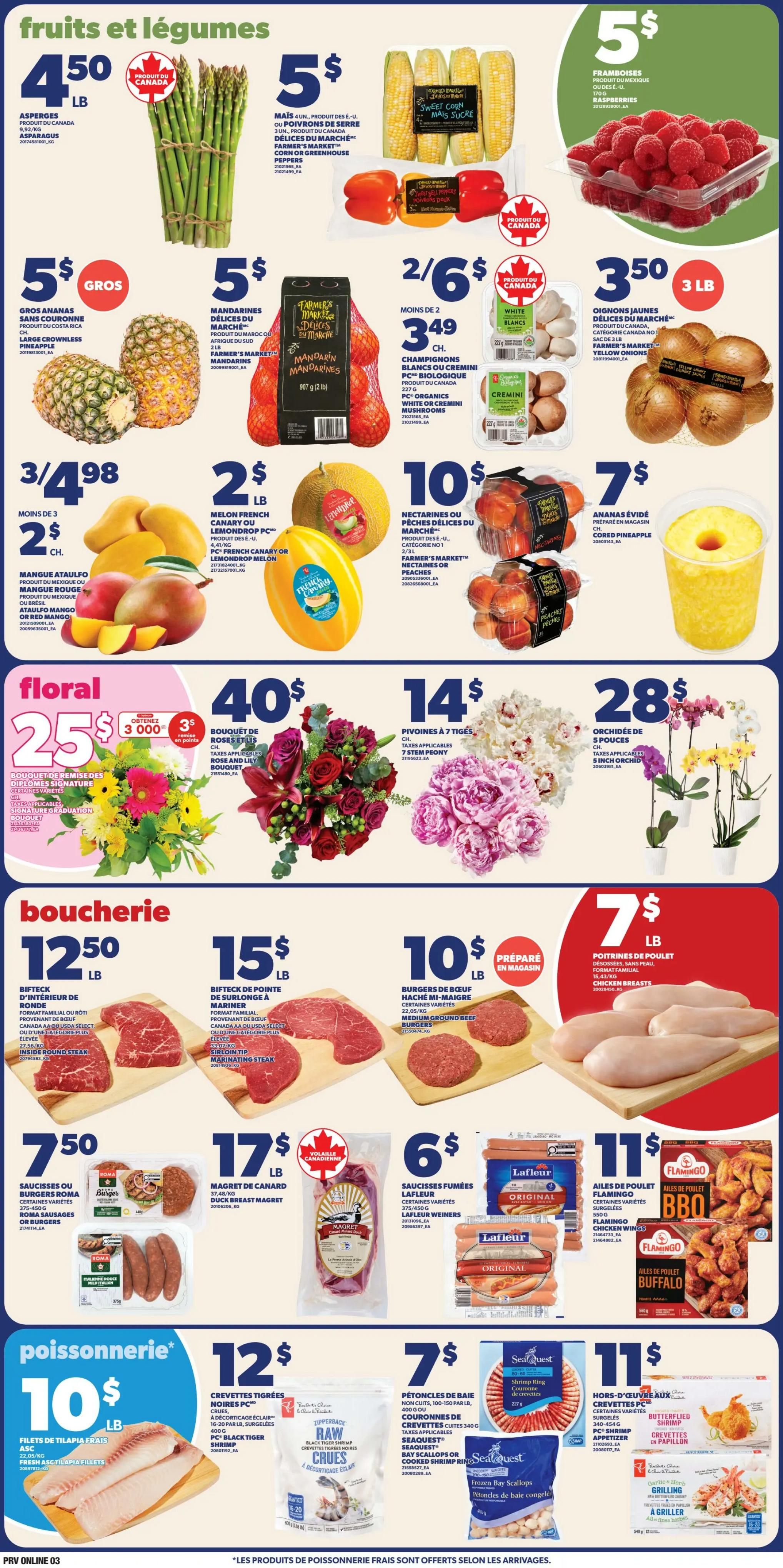Provigo weekly flyer specials page 4. Featured fruits and vegetables include Asparagus for $4.50/lb, Sweet Corn for $5 for 4 ears, Raspberries for $5, Large Crownless Pineapples for $5, Farmer's Market Mandarins for $5, White or Cremini PC Organics Mushrooms for 2/$6.99 ($3.49 each), Yellow Onions for $3.50/3 lb, Ataulfo Mangoes or Red Mangoes for 3/$4.98, French Canary or Lemondrop Melon for $2/lb, Nectarines or Peaches for $10, and Pineapple Rings for $7. Floral section offers a Graduation Bouquet for $25, a Rose and Lily Bouquet for $40, and 7 Stem Peony bouquets for $14, plus Orchid plants for $28. The butcher section includes Inside Round Steak for $12.50/lb, Sirloin Tip Marinating Steak for $15/lb, Medium Ground Beef Burgers for $10/lb, Chicken Breasts for $7/lb, Roma Sausages or Burgers for $7.50, Duck Breast Magret for $17/lb, Lafleur Smokies for $6, Flamingo Chicken Wings (BBQ and Buffalo) for $11, and Lafleur Original Smokies for $11. The seafood section features Fresh Tilapia Fillets for $10/lb, Raw Black Tiger Shrimp for $12, SeaQuest Frozen Bay Scallops for $7, and SeaQuest Butterfly Shrimp for $11.