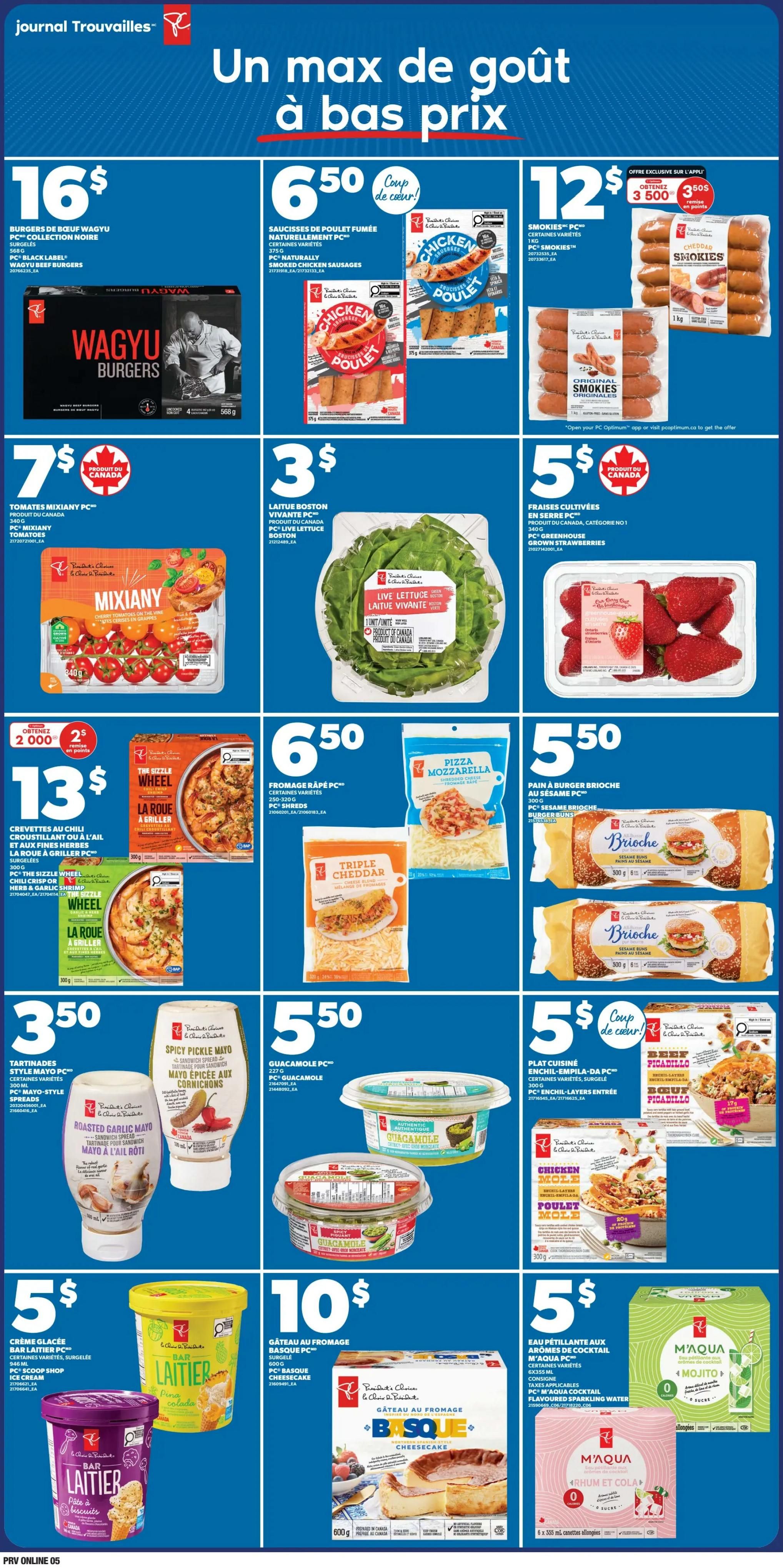 Provigo weekly flyer specials page 7 features a variety of food items. Top row includes PC Wagyu Beef Burgers for $16, PC Naturally Smoked Chicken Sausages for $6.50, and PC Smokies for $12, with a special offer of 3,500 PC Optimum points when you buy 2. Middle row showcases PC MixAny Tomatoes for $7, PC Live Boston Lettuce for $3, and PC Greenhouse Strawberries for $5. The bottom section highlights PC The Sizzle Wheel Croquettes for $13, PC Shredded Mozzarella Cheese for $6.50, PC Sesame Brioche Burger Buns for $5.50, PC Style Sandwich Spread in Roasted Garlic Mayo and Spicy Pickle Mayo for $3.50 each, PC Guacamole for $5.50, PC Enchil-Empila-Da Chicken Mole and Beef Picadillo for $5 each, PC Laitier Ice Cream Bars for $5, PC Basque Cheesecake for $10, and M'Aqua Sparkling Flavoured Water in Mojito and Rhum et Cola for $5.