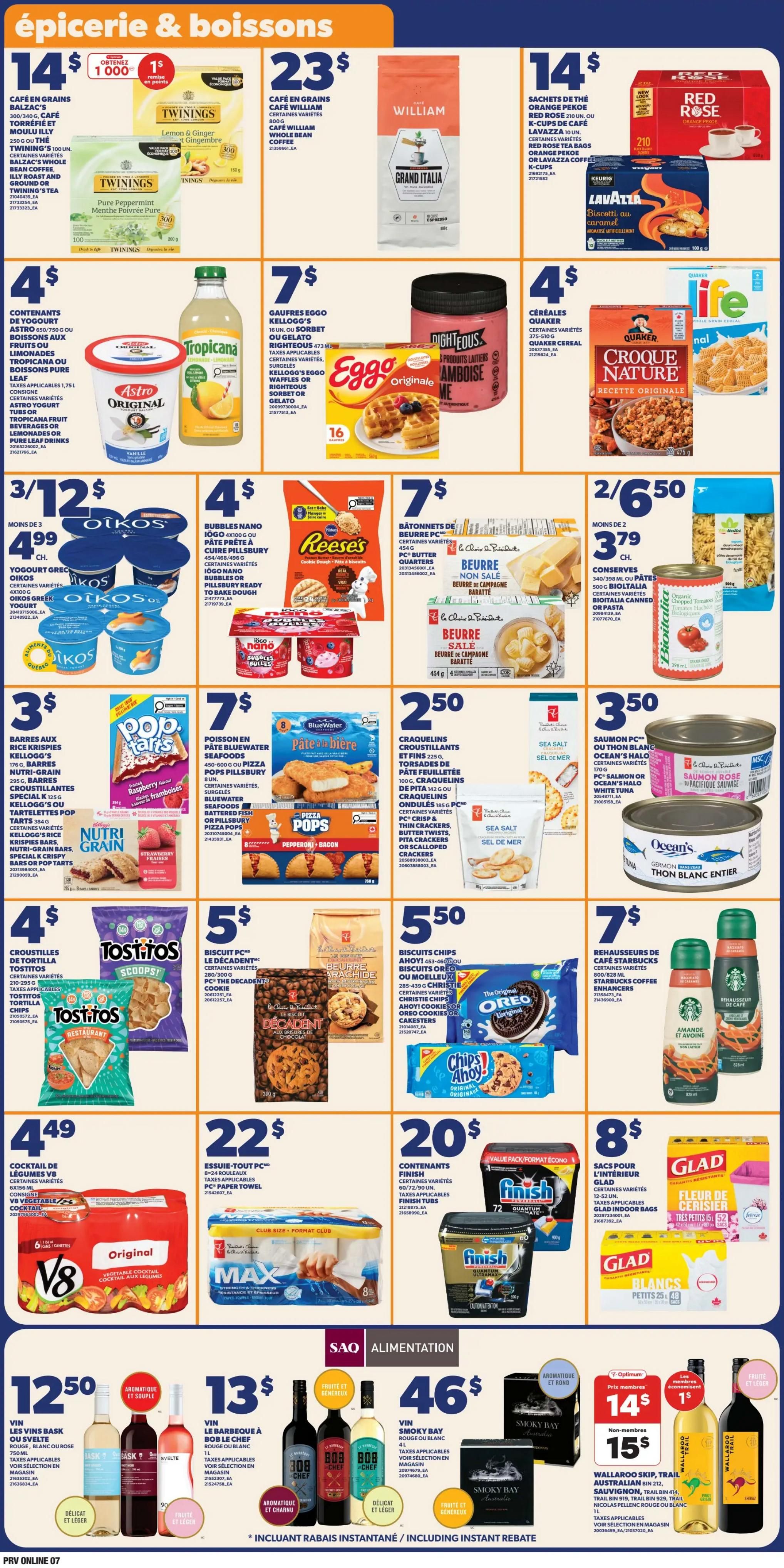 Provigo flyer page 9 featuring grocery and beverage specials. Highlights include Balzac's coffee for $14, Twinings tea for $14, Grand Italia coffee for $23, and Red Rose tea for $14. Also featured are Astro Original yogurt for $4, Tropicana juice for $4, Eggo waffles for $7, and Righteous ice cream for $7. Quaker Harvest Crunch cereal is $4, and Life cereal is $2/6.50. Oikos yogurt is 3 for $12, Pop-Tarts are $3, Nutri Grain bars are $3, and Pillsbury pizza pops are $7. BlueWater battered fish is $7. Sea Salt crackers are $2.50, and Ocean's canned salmon is $3.50. Toasted Tortilla chips are $4, and Tostitos Scoops are $4. PC Decadent cookies are $5, Chips Ahoy! cookies are $5.50, and Oreo cookies are $5.50. V8 vegetable cocktail is $4.49. Finish dishwasher detergent is $20, and Glad trash bags are $8. Also on sale are various wines including Vins Bask for $12.50, Vins Le Barbeque for $13, and Smoky Bay for $46. Wallaroo Skip Trail wine is $14 for Optimum members and $15 for non-members.
