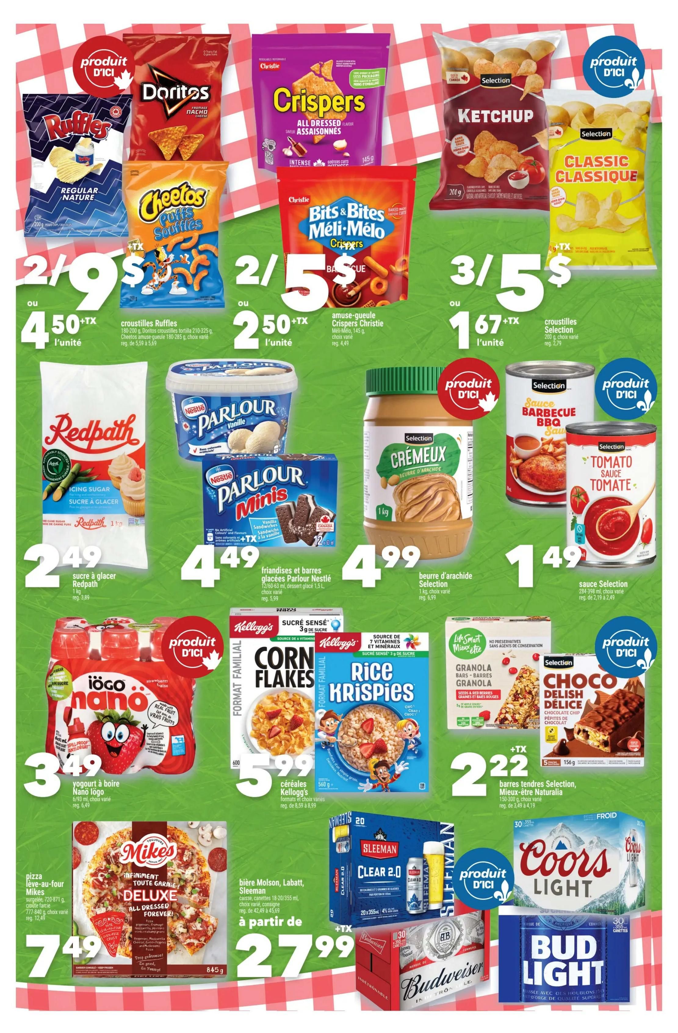 Marché Ami weekly flyer specials page 2 features a variety of snacks and groceries. Top row includes Doritos, Cheetos Puffs, Christie Crispers, Christie Bits & Bites, Selection Ketchup chips, and Selection Classic chips. Prices for these snacks include 2 for $9 or $4.50 each for Ruffles and Cheetos, 2 for $5 or $2.50 each for Christie Crispers and Christie Bits & Bites, and 3 for $5 or $1.67 each for Selection chips. In the middle section, find Redpath Icing Sugar for $2.49, Nestlé Parlour Vanilla ice cream for $4.49, Selection Creamy Peanut Butter for $4.99, and Selection BBQ Sauce and Tomato Sauce for $1.49 each. Other items include Iögo Nano strawberry yogurt for $3.49, Kellogg's Corn Flakes and Rice Krispies cereals for $5.99, and Selection Choco Delish Delice bars for $2.22. The bottom section highlights Mike's Deluxe All Dressed Pizza for $7.49, Molson, Labatt, Sleeman beer for $27.99, Coors Light beer, and Bud Light beer.