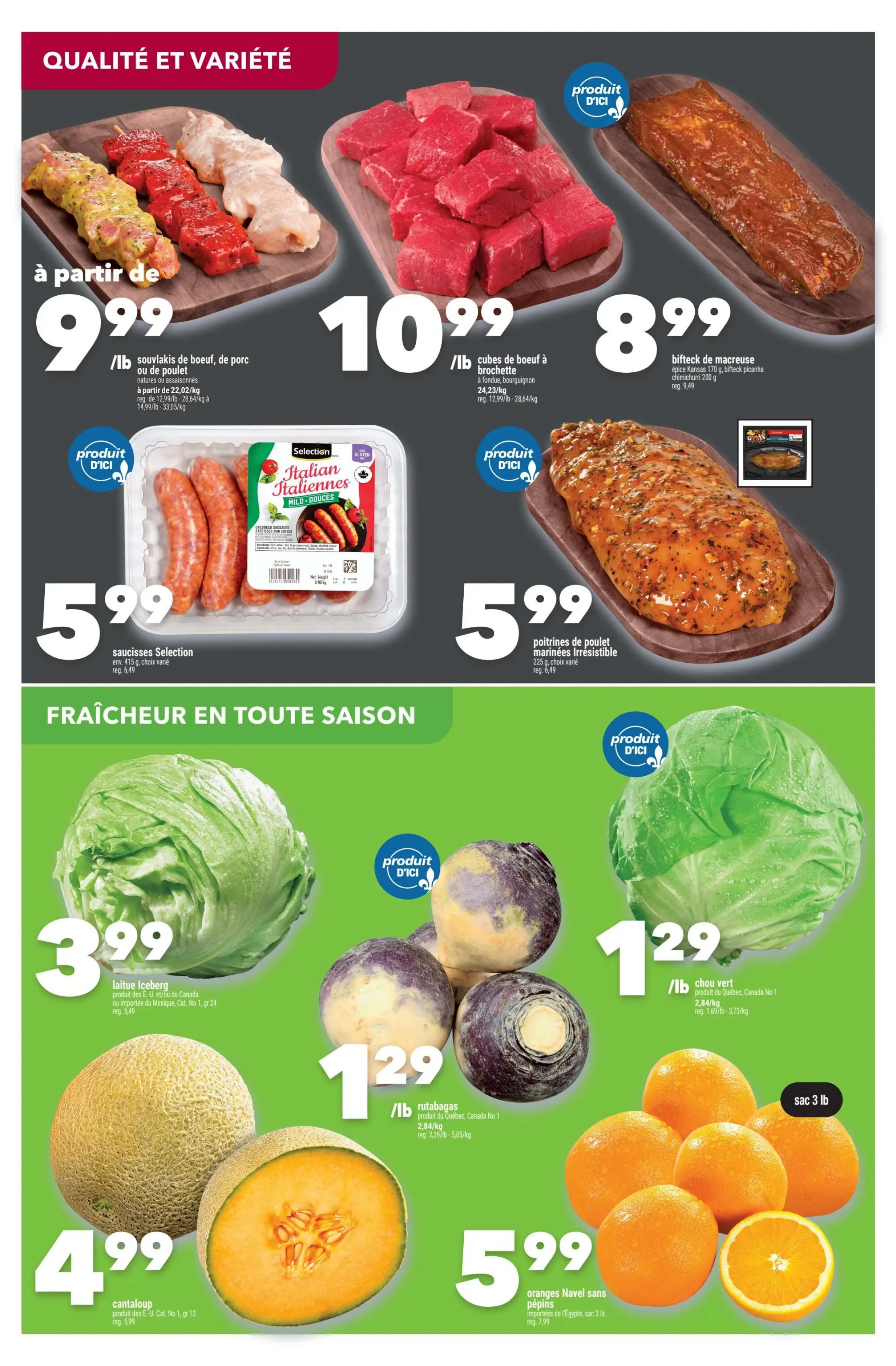 Marché Ami weekly flyer specials page 3 features a 'Quality and Variety' section with beef skewers starting at $9.99/lb, beef cubes for fondue or bourguignon at $10.99/lb, and marinated chicken breasts for $8.99. Also available are Selection Italian sausages for $5.99 and marinated chicken breasts for $5.99. The 'Freshness All Season' section includes Iceberg lettuce for $3.99, rutabagas from Quebec for $1.29/lb, cantaloup for $4.99, green cabbage for $1.29/lb, and a 3 lb bag of Navel oranges from Egypt for $5.99.