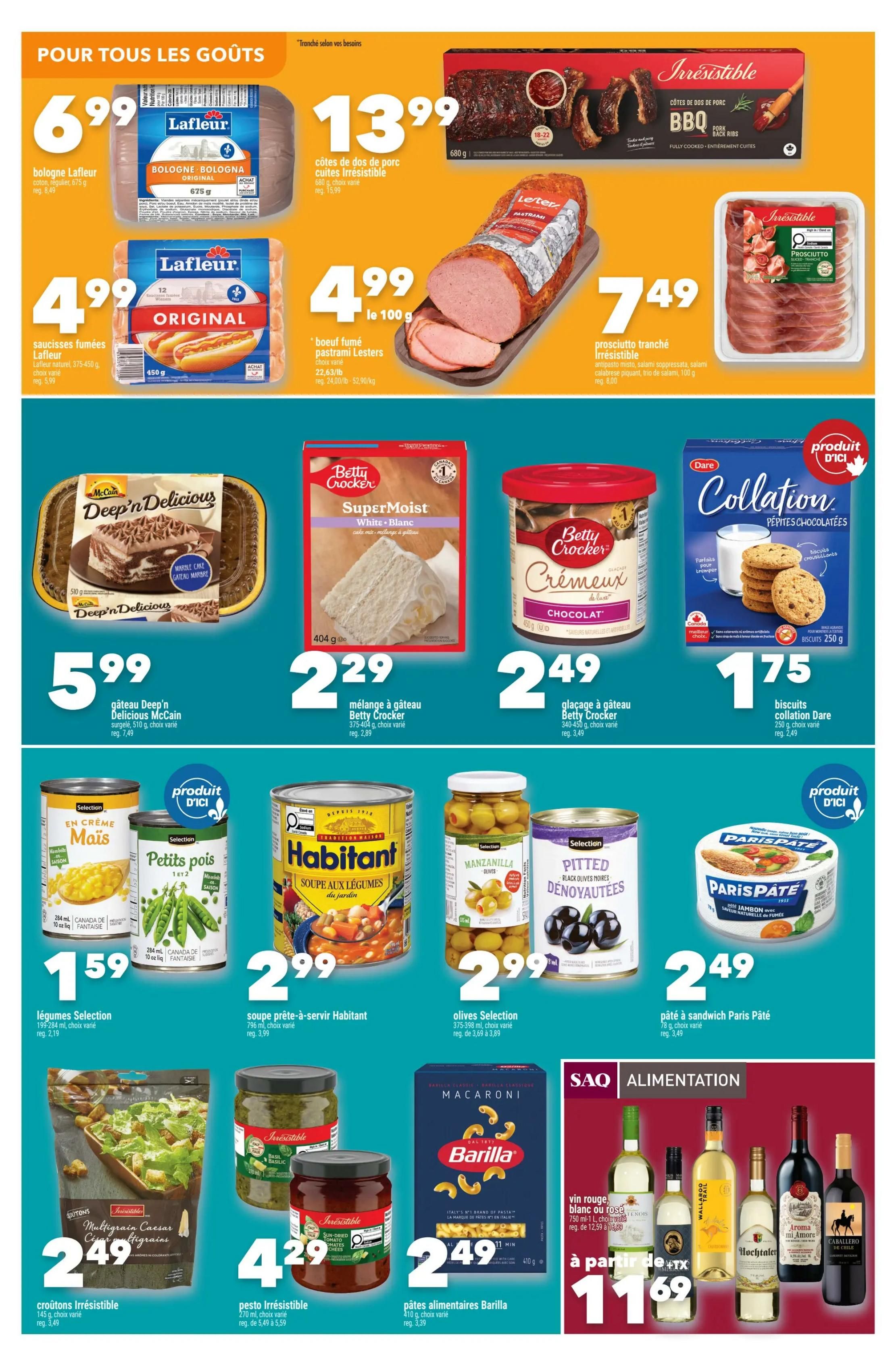 Marché Ami weekly flyer specials page 4 features a variety of food items. Top row includes Lafleur bologna for $6.99, irresistible pork back ribs for $13.99, Lafleur original smokies for $4.99, and irresistible sliced prosciutto for $7.49. Middle row showcases McCain Deep'n Delicious cake for $5.99, Betty Crocker SuperMoist cake mix for $2.29, Betty Crocker chocolate frosting for $2.49, and Dare Collations chocolate chip cookies for $1.75. Bottom row highlights Selection corn for $1.59, Selection peas for $1.59, Habitant vegetable soup for $2.99, Selection Manzanilla olives for $2.99, Selection pitted black olives for $2.99, and Paris Pâté sandwich spread for $2.49. The bottom right section features SAQ Alimentation with various red and white wines starting at $11.69, plus tax. Other featured items include Irresistible multigrain Caesar croutons for $2.49, Irresistible pesto for $4.29, and Barilla pasta for $2.49.