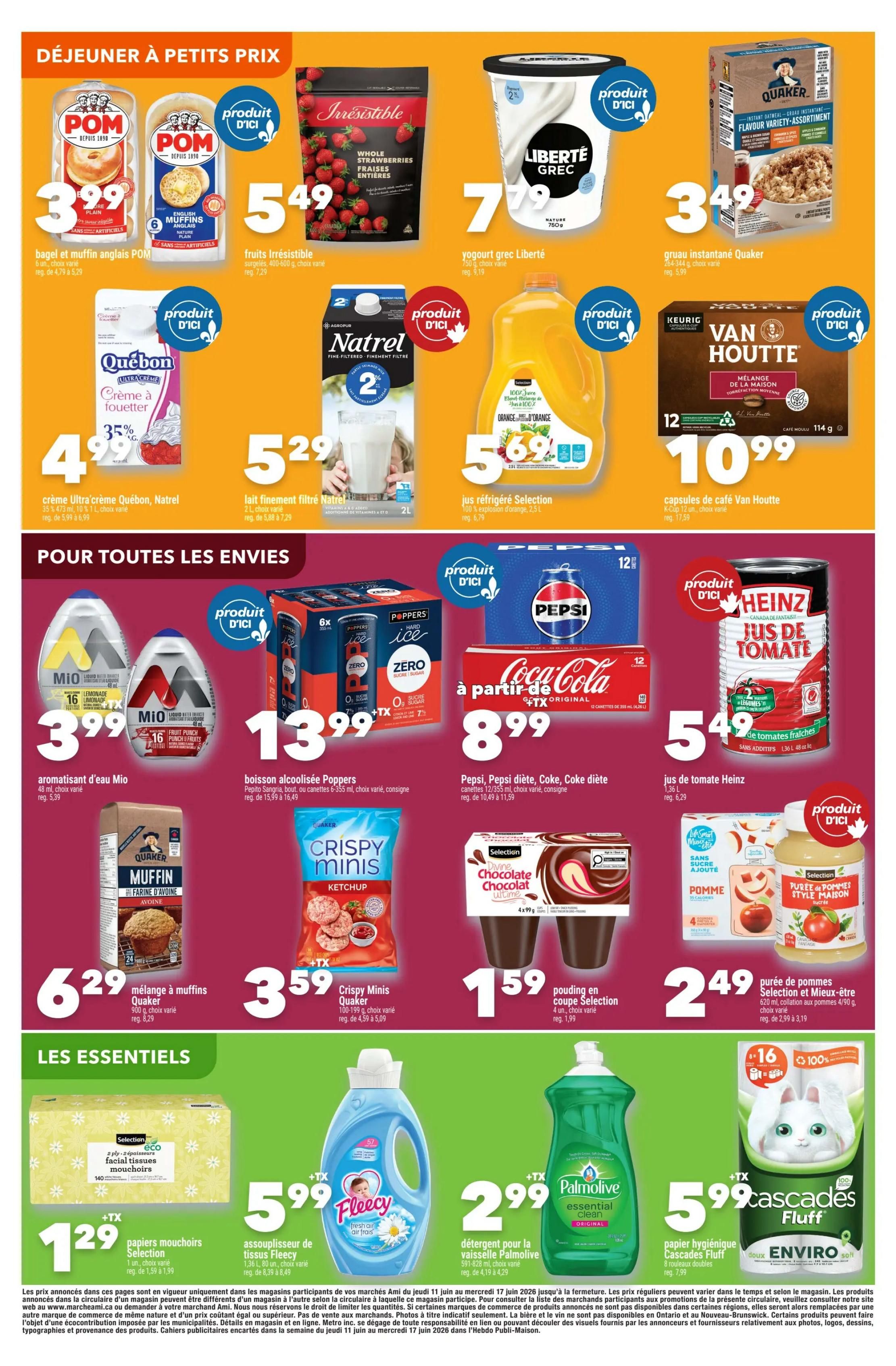 Marché Ami weekly flyer specials page 5. Breakfast deals include POM bagel and English muffin packs for $3.99, Irresistible whole strawberries for $5.49, Liberté Greek yogurt for $7.79, and Quaker instant oatmeal for $3.49. Other deals feature Natrel Ultra Crème Québec whipping cream at $4.99 with 35% off, Natrel fine filtered milk for $5.29, Selection orange juice for $5.69, and Van Houtte coffee pods for $10.99. 'For all cravings' section offers Mio flavouring for $3.99, Poppers alcoholic beverages for $13.99, Pepsi, Diet Pepsi, and Coke for starting at $8.99, and Heinz tomato juice for $5.49. Also featured are Quaker muffin mix for $6.29, Crispy Minis ketchup crackers for $3.59, Selection chocolate pudding cups for $1.59, and Selection apple puree for $2.49. 'The Essentials' include Selection facial tissues for $1.29, Fleecy fabric softener for $5.99, Palmolive dish detergent for $2.99, and Cascades Fluff toilet paper for $5.99.