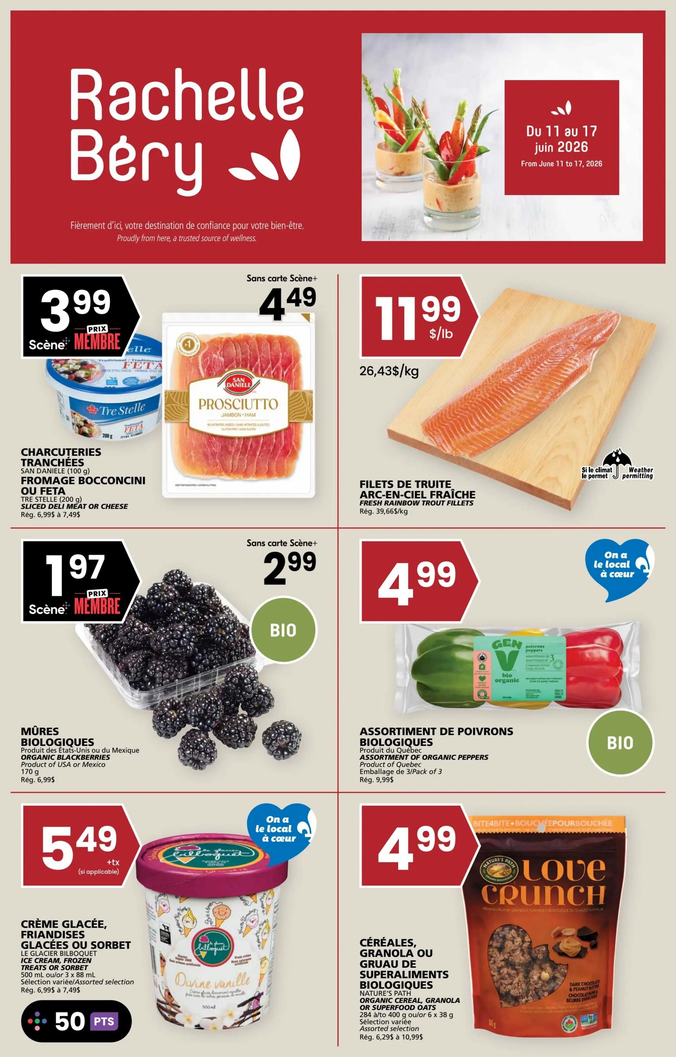 Rachelle Béry flyer specials from June 11 to June 17, 2026. Featured items include Tre Stelle Feta or San Daniele Prosciutto Sliced Deli Meat or Cheese for $3.99 (member price), regular $4.49. Fresh Rainbow Trout Fillets are $11.99/lb. Organic Blackberries are $1.97 (member price), regular $2.99. Organic Bell Pepper Assortment is $4.99. Bilboquet Ice Cream, Frozen Treats or Sorbet is $5.49 + tax, with 50 bonus points. Nature's Path Organic Cereal, Granola or Superfood Oats are $4.99.