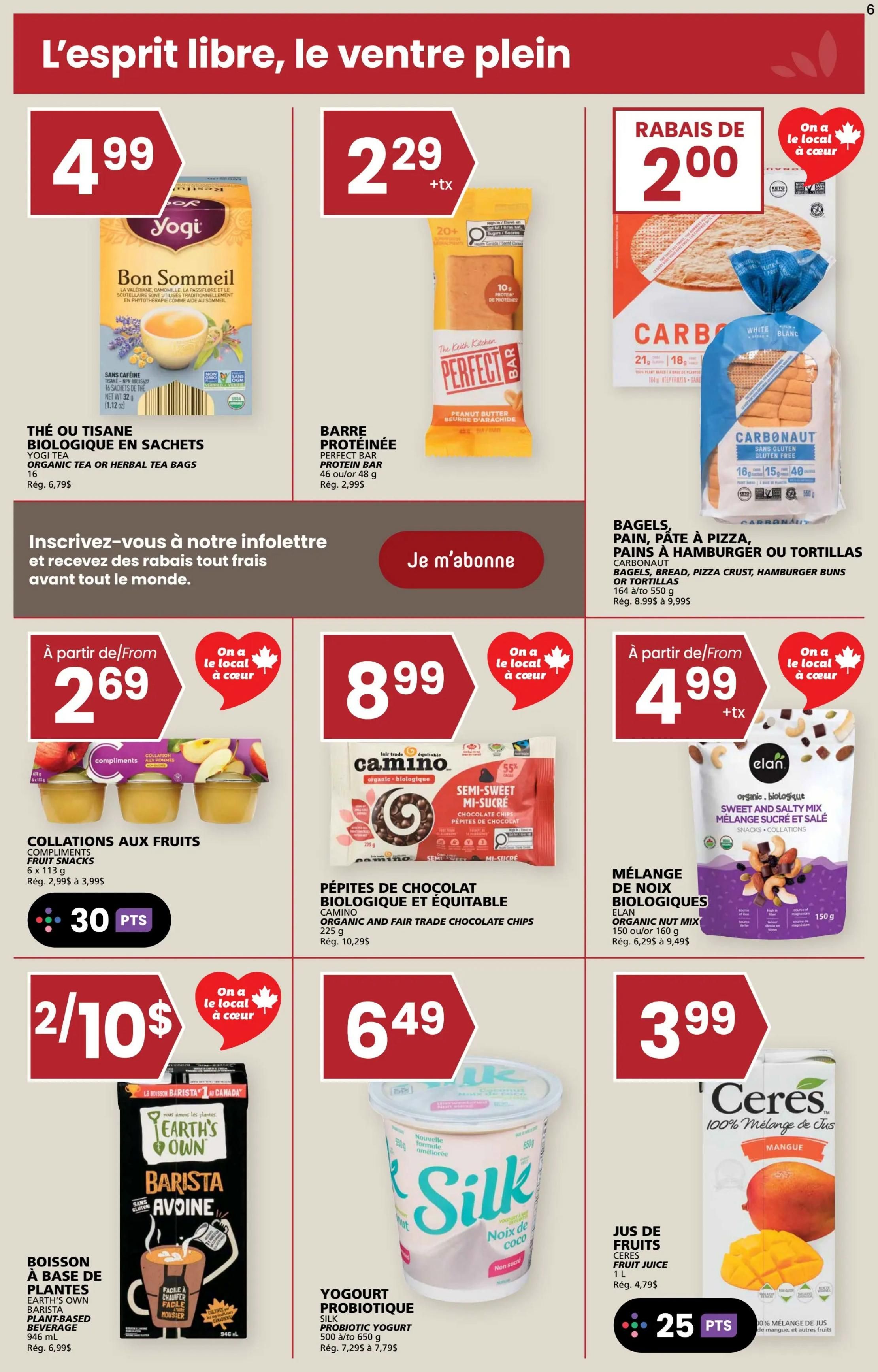 Rachelle Béry weekly flyer specials, page 6. Featured products include Yogi Organic Tea or Herbal Tea Bags for $4.99 (regular price $6.79), Perfect Bar Protein Bar for $2.29 (regular price $2.99), and Carbonaut Bagels, Bread, Pizza Crust, or Hamburger Buns starting from $8.99 (regular price $8.99 to $9.99). Also on sale are Compliments Fruit Snacks 6 x 113 g for $2.69 (regular price $2.99 to $3.99) and earn 30 points. Camino Organic and Fair Trade Chocolate Chips 225 g are $8.99 (regular price $10.29). Elan Organic Nut Mix 150 g or 160 g is $4.99 (regular price $6.29 to $9.49). Earth's Own Barista Plant-Based Beverage 946 mL is 2 for $10 (regular price $6.99). Silk Probiotic Yogurt 500 g to 650 g is $6.49 (regular price $7.29 to $7.79) and earn 25 points. Ceres 100% Fruit Juice Mango 1 L is $3.99 (regular price $4.79).