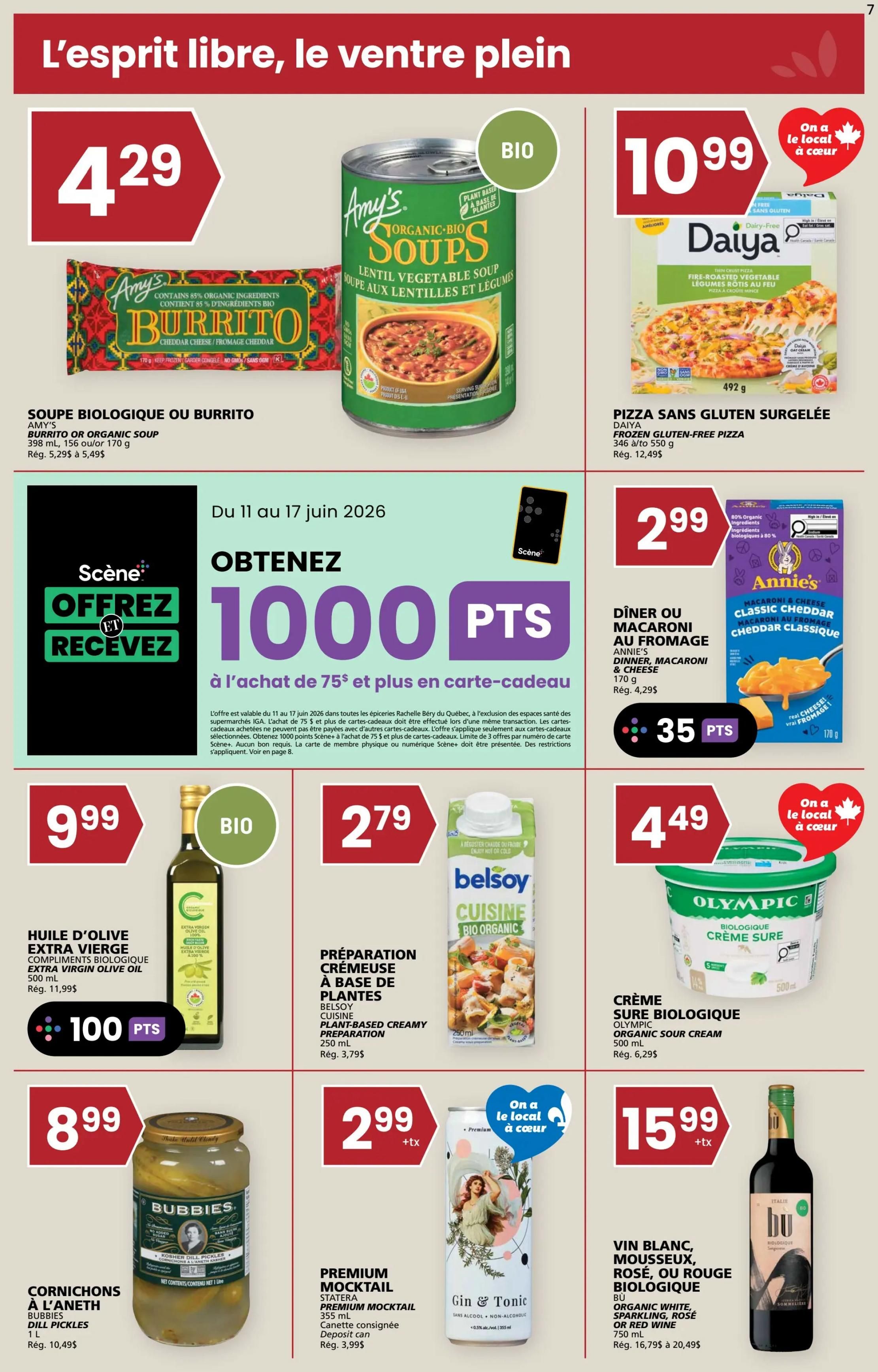 Rachelle Béry weekly flyer specials, page 7. Featured items include Amy's Organic Burrito or Soup for $4.29, Daiya Frozen Gluten-Free Pizza for $10.99, and Annie's Classic Cheddar Macaroni & Cheese for $2.99. Earn 1000 Scene+ points when you spend $75 or more. Also available are Compliments Organic Extra Virgin Olive Oil for $9.99, Belsoy Plant-Based Creamy Preparation for $2.79, Olympic Organic Sour Cream for $4.49, Bubbies Dill Pickles for $8.99, Slater's Premium Mocktail Gin & Tonic for $2.99 plus tax, and BU Organic White, Sparkling, Rosé, or Red Wine for $15.99 plus tax.