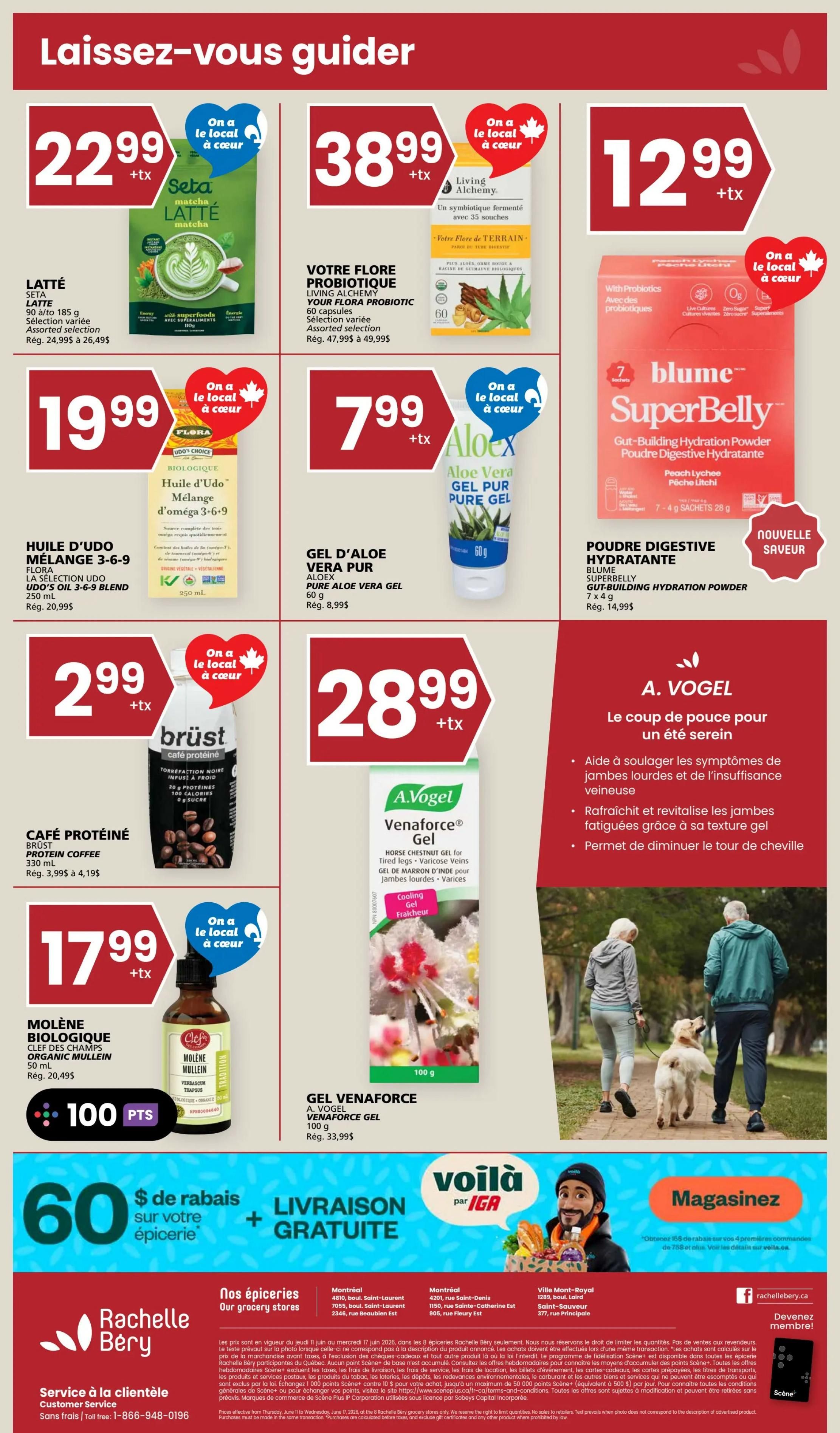 Rachelle Béry weekly flyer specials page 8 features a variety of health and wellness products. Top row includes Seta Matcha Latte for $22.99, Living Alchemy Your Flora Probiotic for $38.99, and Blume SuperBelly Gut-Building Hydration Powder in Peach Lychee for $12.99. Middle row showcases Flora Udo's Oil 3-6-9 Blend for $19.99, Aloe Vera Pure Gel for $7.99, and A. Vogel Venaforce Gel for $28.99. Bottom row features Brüst Protein Coffee for $2.99, Molene Biologique Clef des Champs Organic Mullein for $17.99 with 100 Scene points, and A. Vogel Venaforce Gel 100g for $33.99. The flyer also highlights a $60 discount on grocery orders plus free delivery, and a magazine offer for 4 preliminary orders of 70$ or more. Store locations and customer service information are provided at the bottom.
