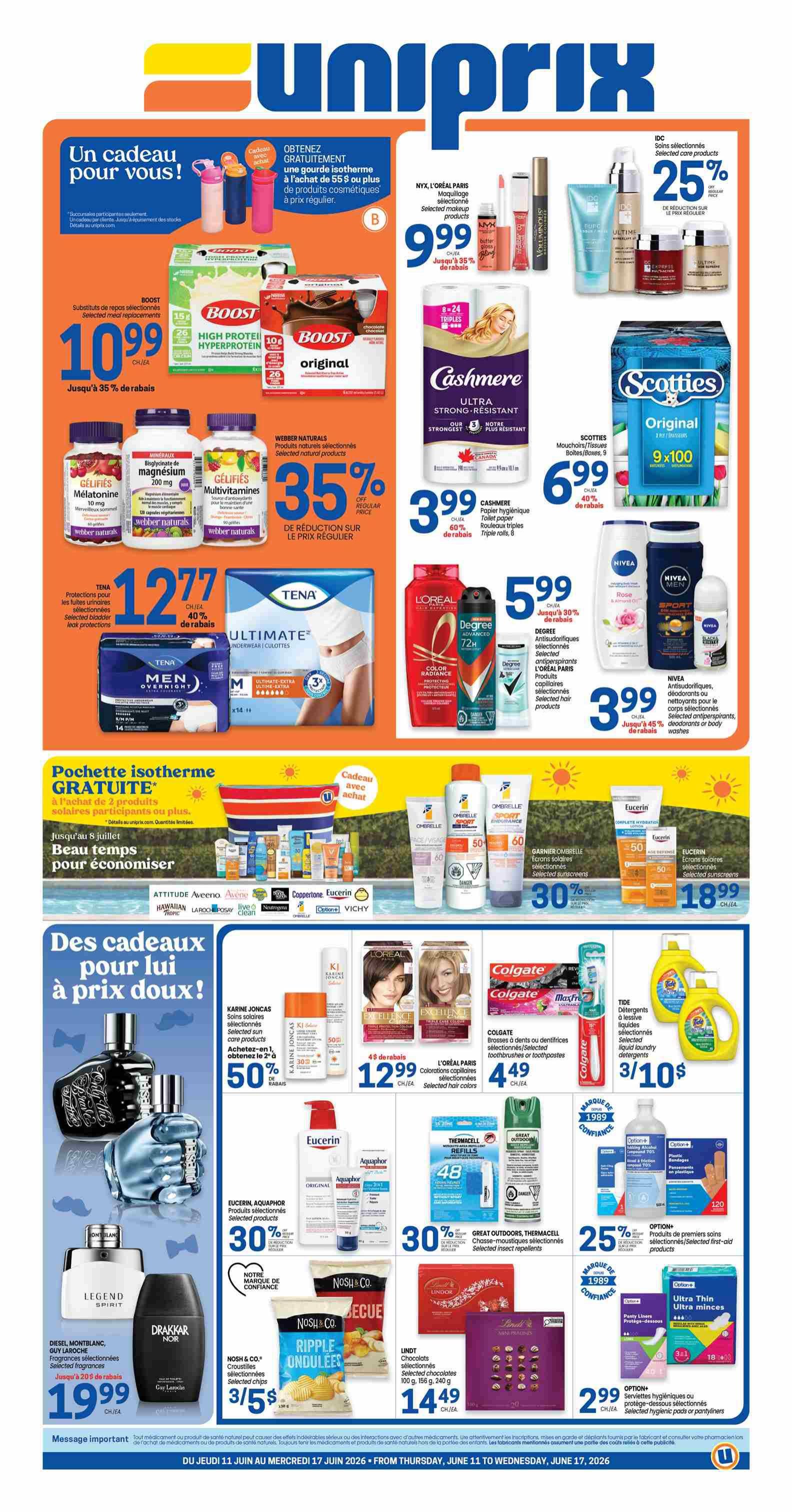 Uniprix flyer page featuring a 'A gift for you!' offer with a free insulated bottle when you spend $55 or more on selected cosmetic products. Featured products include Boost meal replacements for $10.99 (35% off), Webber Naturals selected products at 35% off, and Tena selected bladder leak protections for $12.77 (40% off). Also available are NYX, L'Oréal Paris makeup products for $9.99, Cashmere toilet paper for $3.99, and Scotties facial tissues for $6.99. Other deals include L'Oréal Paris hair colour for $12.99, Colgate toothbrushes or toothpaste for $4.49, and Tide liquid laundry detergent for 3/$10. Skincare and sun care products from Attitude, Aveeno, Coppertone, Eucerin, Garnier Ombrelle, Neutrogena, Vichy, and L'Oréal Paris are featured with a 30% discount and a free gift with purchase offer. Personal care items like Degree antiperspirants, Nivea deodorants, and Eucerin, Aquaphor products are on sale. Also featured are Diesel, Montblanc, and Guy Laroche fragrances for $19.99, Drakkar Noir fragrance for $19.99, Great Outdoors insect repellent for 30% off, Thermacell refills for 30% off, Option selected first-aid products for 25% off, and Option pantyliners for $2.99. Lindt selected chocolates are $14.49, and Nosh & Co. selected chips are 3/$5.