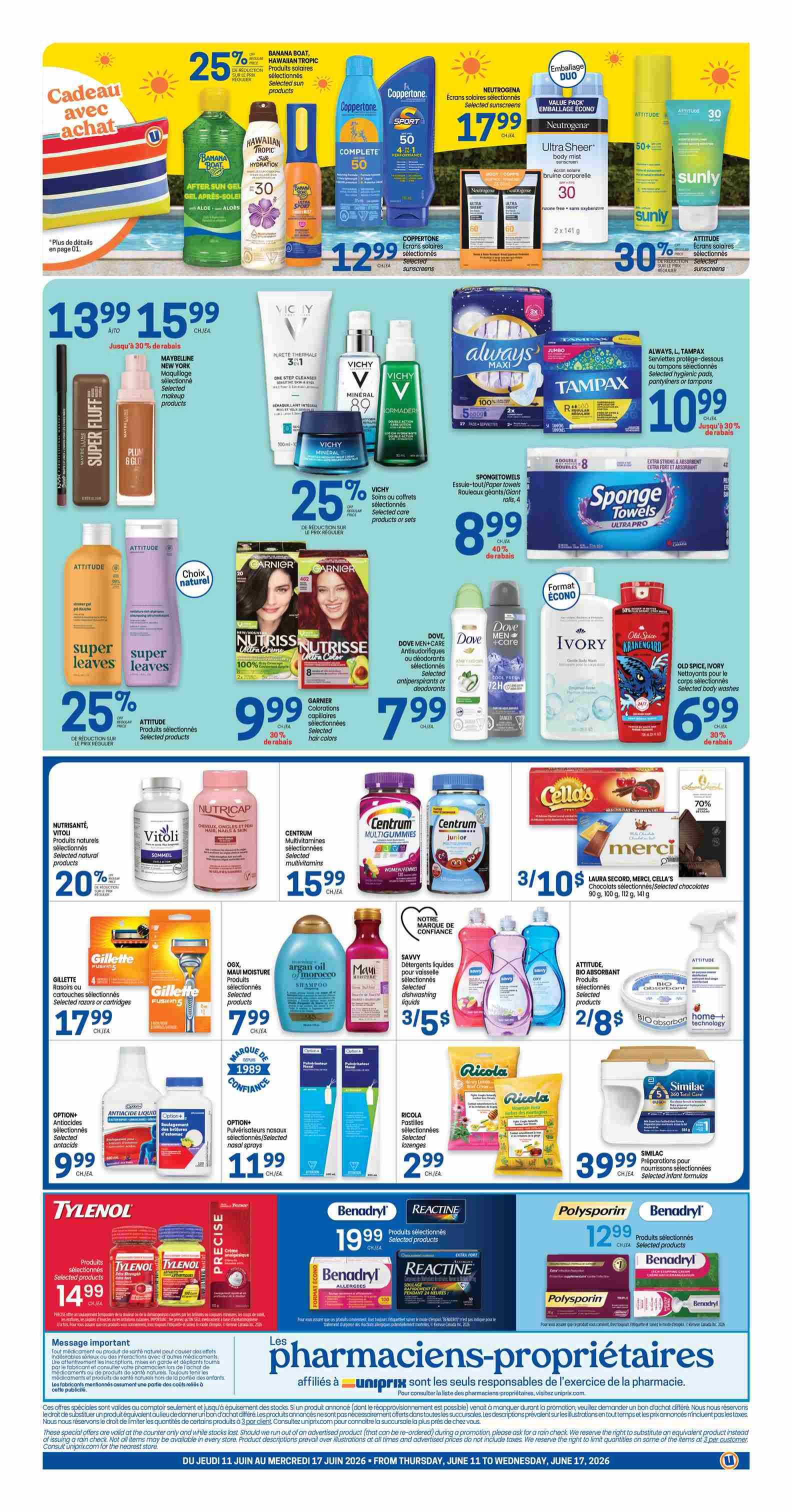 Uniprix weekly flyer specials page 2. Features a 'Gift with purchase' section with Banana Boat, Hawaiian Tropic, Coppertone, and Neutrogena sun care products, with selected items at 25% off and others at $12.99. Also includes Maybelline Super Fluff mascara and selected makeup products at $13.99, Vichy skincare sets and selected products at 25% off, and Always Maxi pads and Tampax tampons at $10.99. Garnier Nutrisse hair colour is 99 cents with 30% off. Dove Men+Care antiperspirants and deodorants are $7.99. Ivory body wash and Old Spice Krakengard body wash are $6.99. Attitude Super Leaves body care is 25% off. Vitoli vitamins and Nutricap hair supplements are 20% off. Centrum multivitamins and gummies are $15.99. Laura Secord, Merci, and Cellas chocolates are 3 for $10. Gillette razors and cartridges are $17.99. OGX Maui Moisture shampoo and conditioner are $7.99. Savvy dish liquids are 3 for $5. Attitude Bio Absorbant cleaning products are 2 for $8. Ricola cough drops are $2.99. Similac infant formulas are $39.99. Tylenol products are $14.99. Benadryl and Reactine products are $19.99. Polysporin and Benadryl products are $12.99. The flyer is valid from June 11 to June 17, 2026.