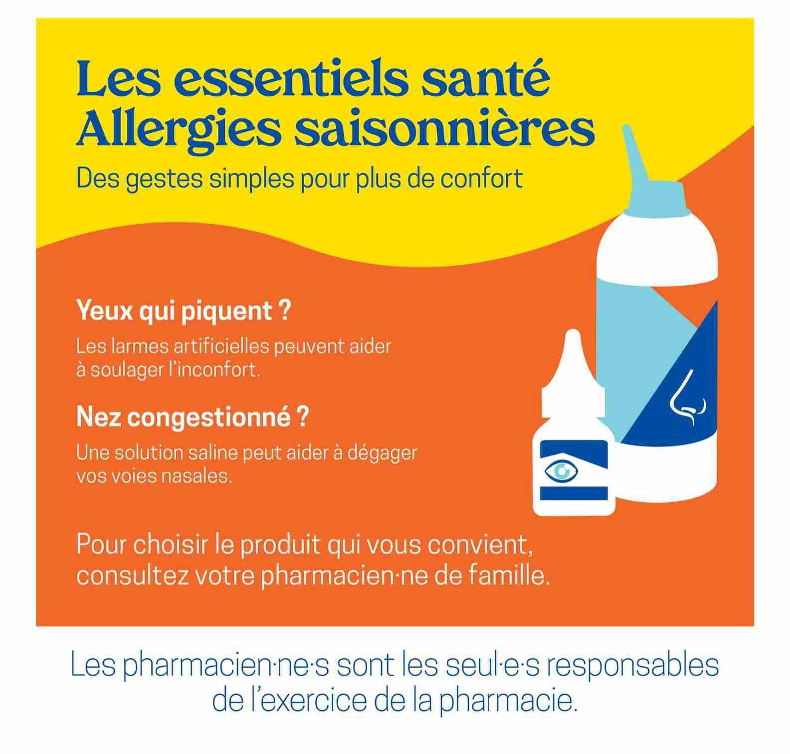 Uniprix flyer page 10: Essential health tips for seasonal allergies, offering simple gestures for greater comfort. Addresses common allergy symptoms like itchy eyes, suggesting artificial tears for relief, and nasal congestion, recommending saline solution to clear nasal passages. Advises consulting your family pharmacist to choose the right product. Features illustrations of eye drops and nasal spray bottles. Includes a statement that pharmacists are solely responsible for the practice of pharmacy.
