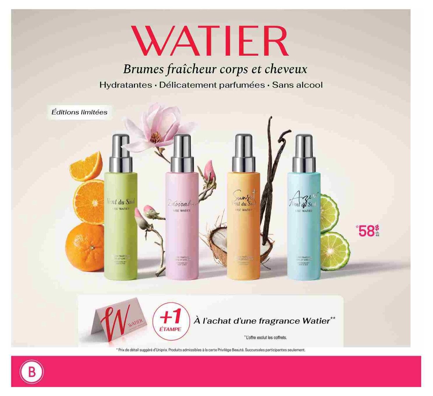 Uniprix flyer page 13 features WATIER body and hair mists, described as hydrating, delicately scented, and alcohol-free. Limited edition scents include Vent du Sud, Désirable, Sunset, and Azure. Four bottles are displayed with accompanying fruit and natural elements like oranges, vanilla pods, limes, and coconut. A special offer provides +1 stamp with the purchase of a WATIER fragrance, excluding gift sets. The price shown is $58.00.