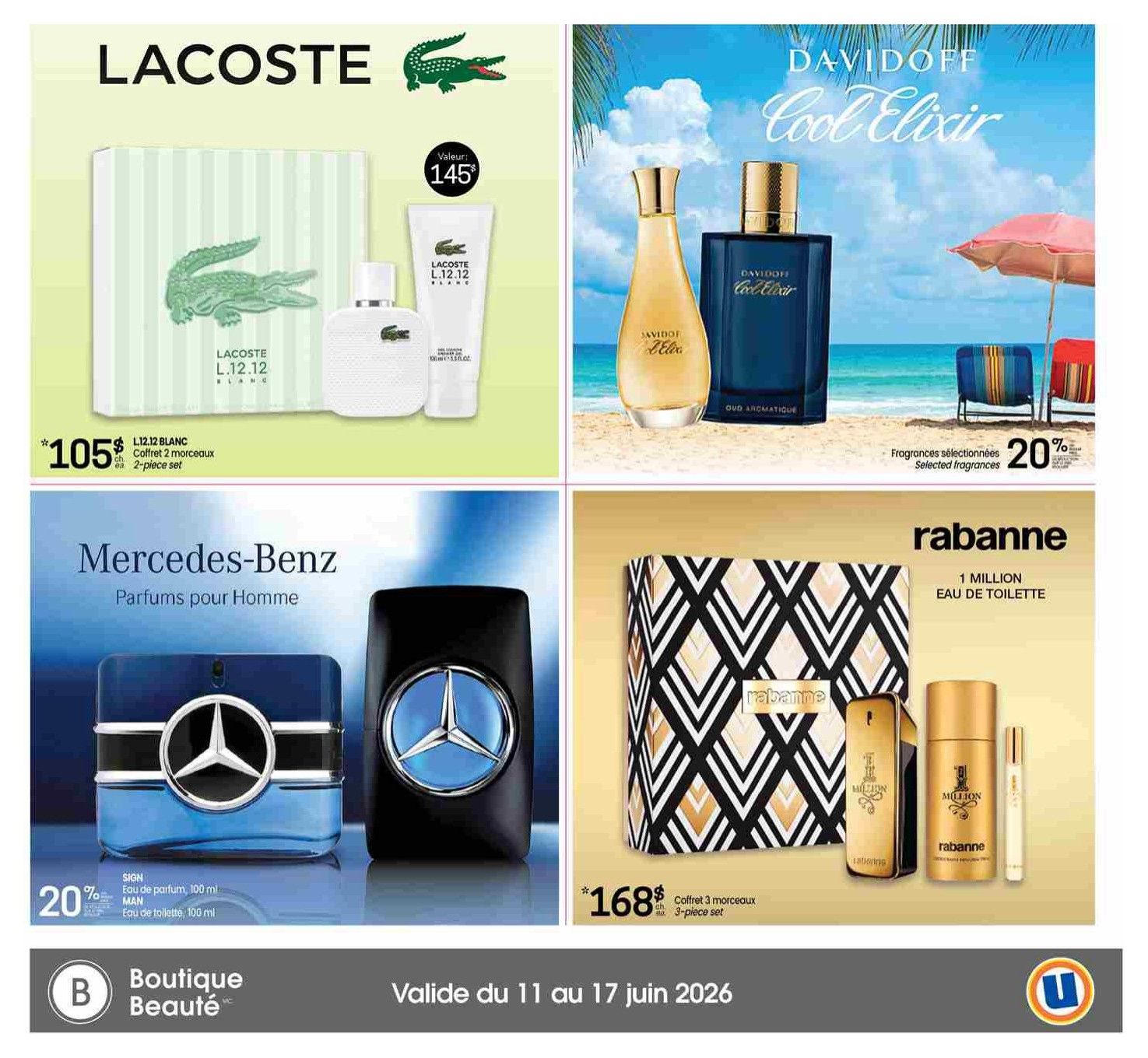 Uniprix Weekly Flyer Specials, Page 15. Features Lacoste L.12.12 Blanc 2-piece gift set for $105, valued at $145. Also, Davidoff Cool Elixir selected fragrances are 20% off. Mercedes-Benz Man Eau de Toilette, 100 ml, and Sign Eau de Parfum, 100 ml, are 20% off. Rabanne 1 Million Eau de Toilette 3-piece gift set is $168. The flyer is valid from June 11 to June 17, 2026.