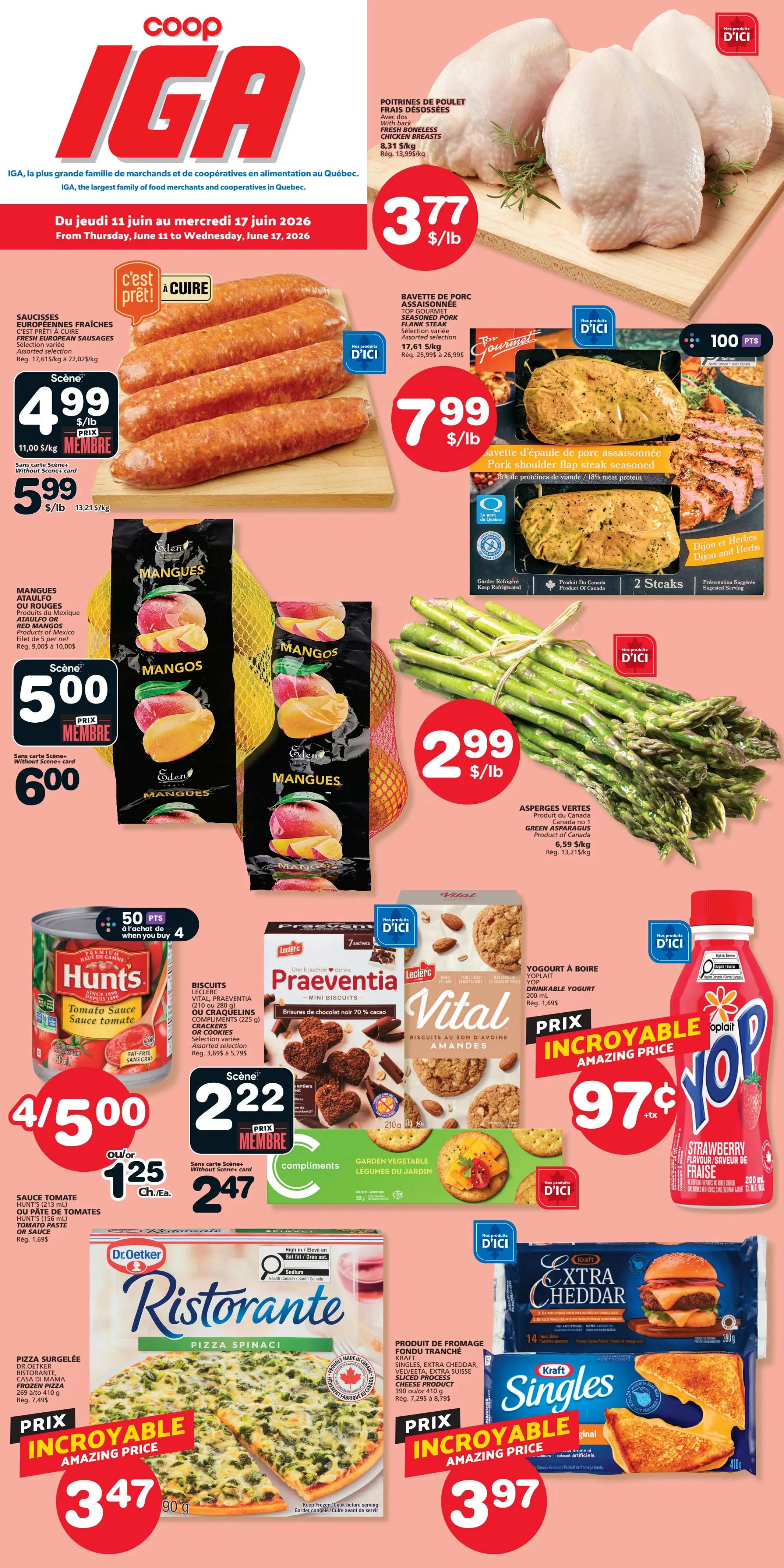 IGA flyer specials from Thursday, June 11 to Wednesday, June 17, 2026. Featured items include fresh European sausages for $4.99/lb (member price) or $5.99/lb (regular price), and Top Gourmet seasoned pork shoulder flap steak for $7.99/lb. Also on sale are boneless chicken breasts for $3.77/lb and Eden red mangos for $5.00 (member price) or $6.00 (regular price) per bag. Green asparagus is priced at $2.99/lb. Hunt's tomato sauce is 4 for $5.00 or $1.25 each. Praeventia mini biscuits are $2.22 (member price) or $2.47 (regular price). Vital almond biscuits are available. Yoplait drinkable yogurt is on special for $0.97. Dr. Oetker Ristorante Pizza Spinaci is $3.47. Kraft Extra Cheddar sliced cheese and Kraft Singles are $3.97.