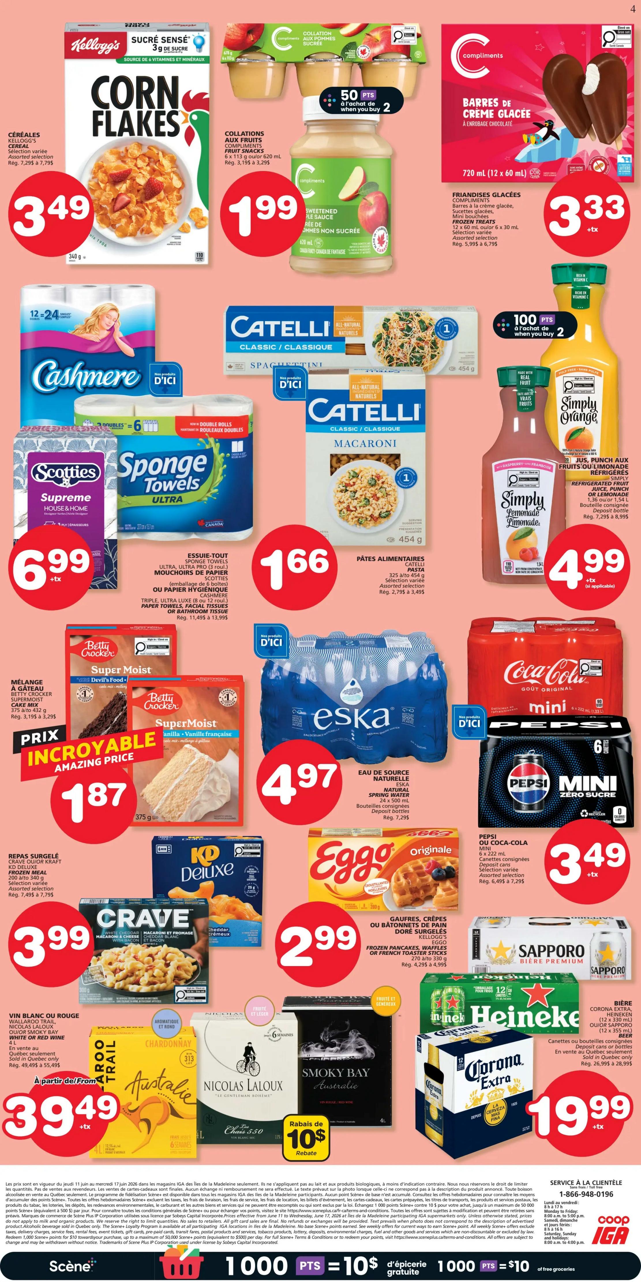 IGA Weekly Flyer Specials for the Magdalen Islands, Page 2. Featured products include Kellogg's Corn Flakes cereal for $3.49, Compliments fruit snacks for $1.99, and Compliments ice cream bars for $3.33. Also on sale are Cashmere toilet paper for $6.99, Catelli pasta (Spaghettini and Macaroni) for $1.66 each, and Simply Orange juice for $4.99. Other deals include Betty Crocker Super Moist cake mix for $1.87, KD Deluxe Macaroni & Cheese for $3.99, Crave Macaroni & Cheese for $3.99, and Eggo frozen waffles for $2.99. Beverages on special include Eska natural spring water for $4.97, Coca-Cola Mini and Pepsi Mini Zero Sugar for $3.49, Sapporo Premium Beer for $19.99, Heineken beer for $19.99, and Corona Extra beer for $19.99. Also available are Wallaroo Trail, Nicolas Laloux, and Smoky Bay Australian wines. The flyer highlights 1000 Scene+ points equal to $10 in free groceries.