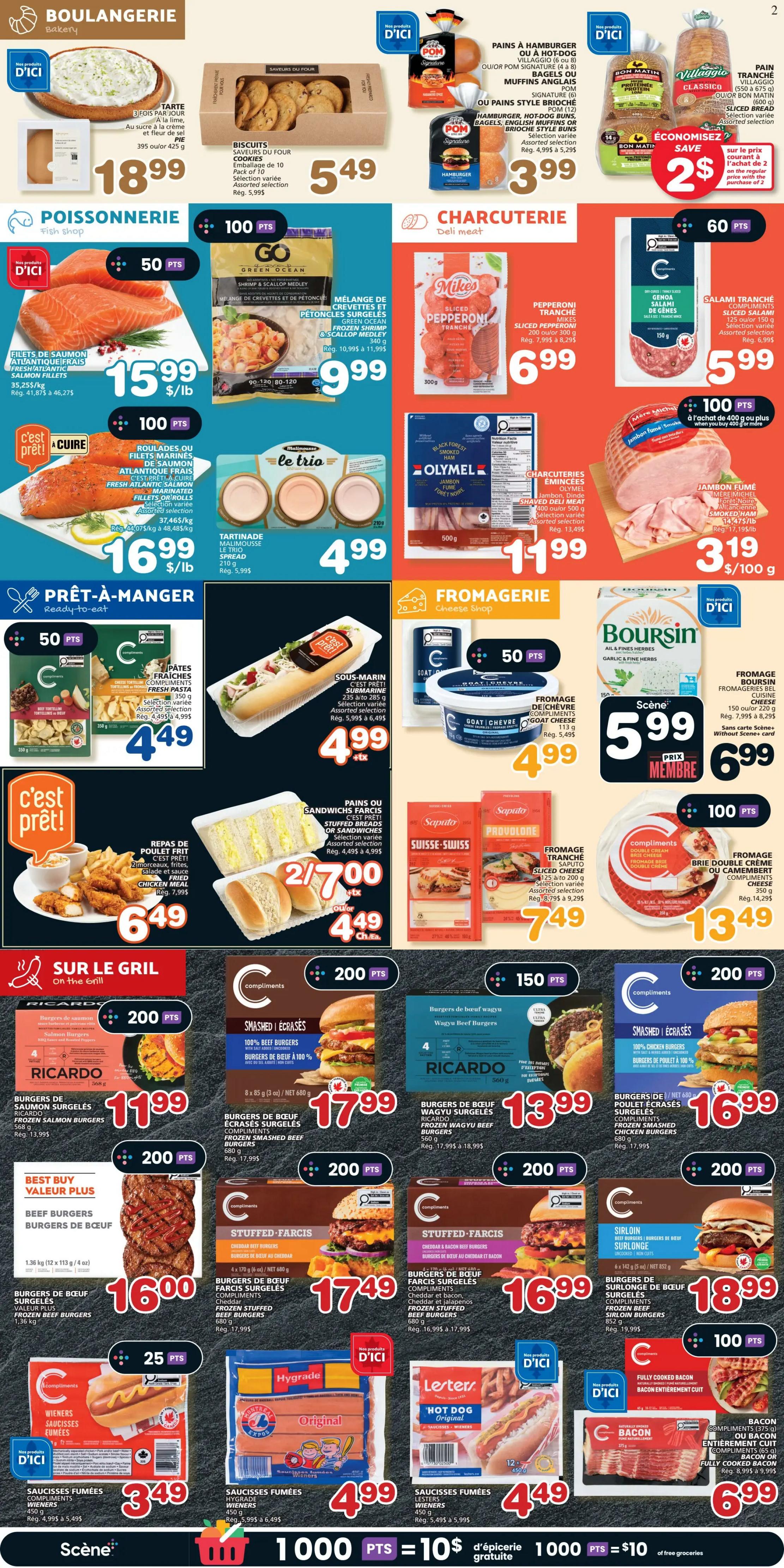 IGA Weekly Flyer Specials Page 3 features bakery items like Tarte, Biscuits, and Pom Signature Muffins and Bagels starting at $3.99. Poissonnerie (Fish Shop) offers Salmon Fillets for $15.99/lb and Green Ocean Shrimp & Scallop Medley for $9.99. Charcuterie (Deli Meat) includes Mike's Sliced Pepperoni for $6.99 and Olymel Smoked Ham for $3.19/100g. Prêt-à-Manger (Ready-to-Eat) section has Fresh Pasta Salad for $4.49, a Submarine Sandwich for $4.99, and Fried Chicken Meal for $6.49. Cheese Shop (Fromagerie) highlights Goat Cheese Compliments for $4.99 and Boursin Garlic & Fine Herbs Cheese for $5.99. On the Grill section showcases Ricardo Frozen Salmon Burgers for $11.99, Ricardo Wagyu Beef Burgers for $13.99, and Ricardo Frozen Smashed Chicken Burgers for $16.99. Also featured are Beef Burgers for $16.00, Stuffed Burgers for $17.49, and Sirloin Beef Burgers for $18.99. Other items include Hygrade Smoked Sausages for $4.99, Lesters Hot Dogs for $4.49, and Fully Cooked Bacon for $6.99. Points offers are available on various items, with 1000 points equaling $10 in savings.