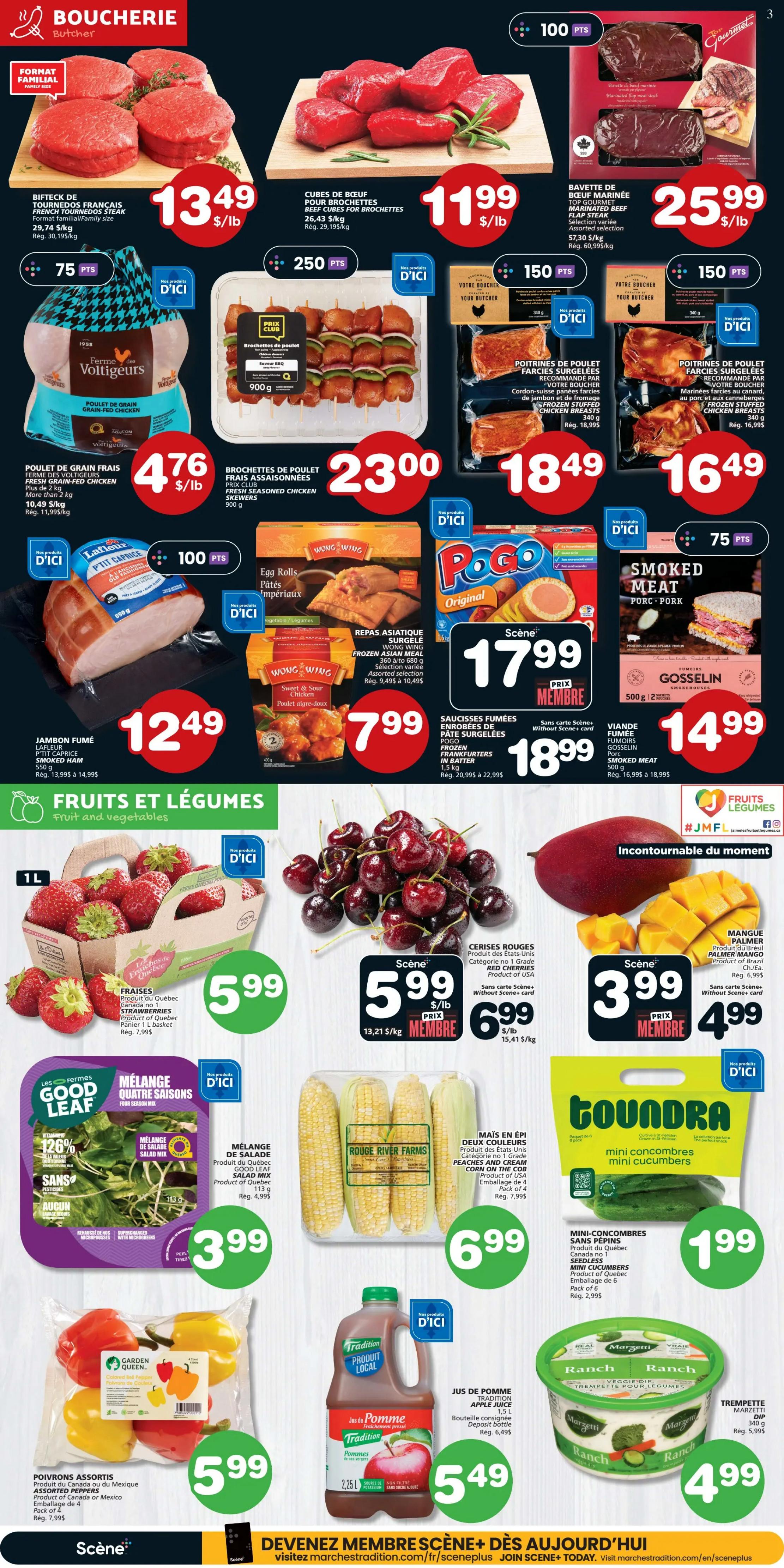 IGA Weekly Flyer Specials Page 4 features a wide selection of meat and produce. Butcher section highlights include French Tournedos Steak at $13.49/lb, Beef Cubes for Brochettes at $11.99/lb, and Marinated Beef Top Sirloin Cap Steak at $25.99/lb. Also available are Voltigers Farm Grain-Fed Chicken at $4.76/lb and Assorted Pork Ribs at $18.49. Other meat products include Frozen Stuffed Chicken Breasts at $16.49 and Smoked Meat Gosselin at $14.99. In the deli and prepared foods section, find Lafleur Smoked Ham for $12.49, Wong Wing Egg Rolls for $7.99, Poco Original Sausages for $17.99, and Frozen Frankfurters in Batter for $18.99. The Fruits and Vegetables section offers Quebec Strawberries for $5.99/lb, Red Cherries for $5.99/lb, Palmer Mango for $3.99, Assorted Peppers from Garden Queen for $5.99, Rouge River Farms Corn on the Cob for $6.99, and Toundra Mini Cucumbers for $1.99. Also featured is Good Leaf Salad Mix for $3.99 and Tradition Apple Juice for $5.49. Marzetti Ranch Dip is available for $4.99.