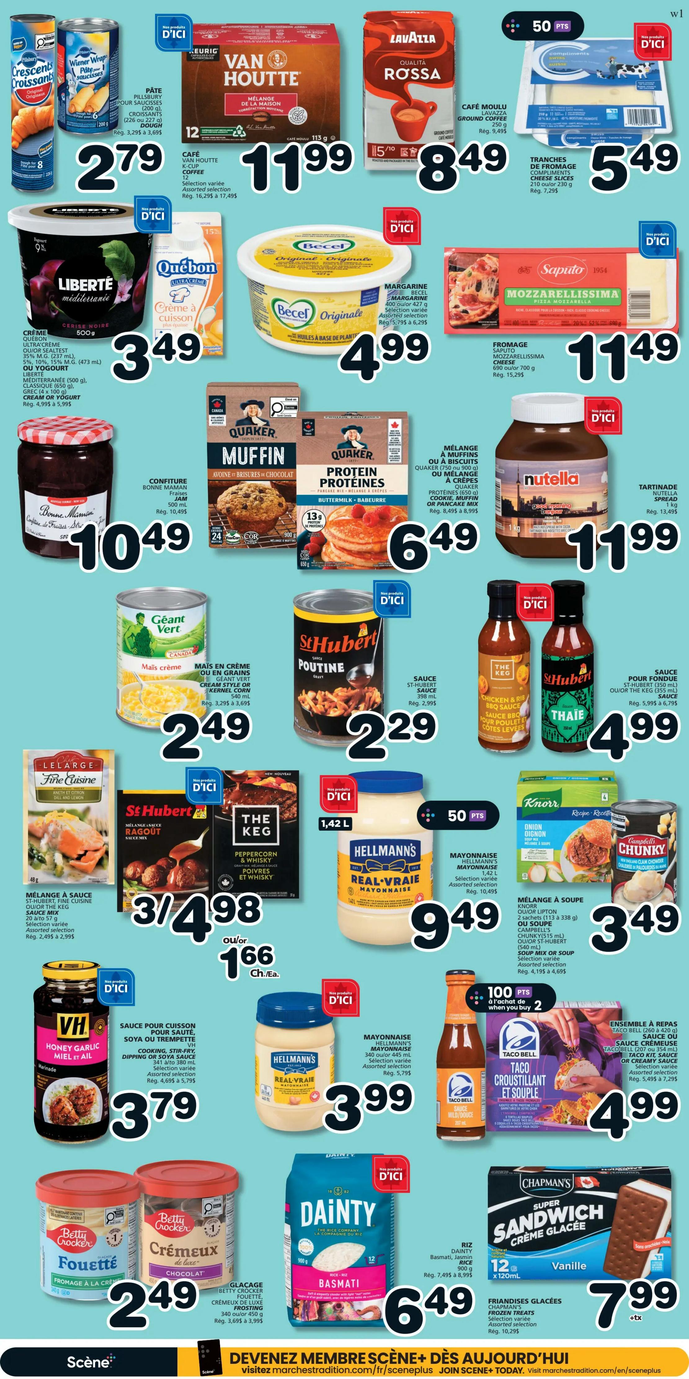 Page 5 of the IGA flyer for the Magdalen Islands features a variety of grocery items. Top row includes Pillsbury Crescents and Wieners for $2.79, Van Houtte K-Cup Coffee for $11.99, Lavazza Qualita Rossa Ground Coffee for $8.49, and Saputo Mozzarella Cheese Slices for $5.49. Middle row showcases Liberté Mediterranean Cream Cheese for $3.49, Becel Original Margarine for $4.99, and Saputo Mozzarella Pizza Cheese for $11.49. The next row features Bonne Maman Jam for $10.49, Quaker Muffin Mix and Protein Pancakes Mix for $6.49, and Nutella Spread for $11.99. Below that, Géant Vert Cream Style or Kernel Corn is $2.49, St-Hubert Poutine Sauce is $2.29, and St-Hubert Thai Sauce or The Keg BBQ Sauce are $4.99 each. Further down, L'Élargé Fine Cuisine Sauce Mix is 3 for $4.98, VH Honey Garlic Marinade is $3.79, Hellmann's Real Mayonnaise (1.42 L) is $9.49, and Knorr Onion & Dill Soup Mix is $3.49. The bottom row includes Betty Crocker Whipped Frosting and Creamy Vanilla Frosting for $2.49, Dainty Basmati Rice for $6.49, Hellmann's Mayonnaise (340 ml) for $3.99, and Taco Bell Crunchy Taco Shells and Sauce Kit for $4.99. Finally, Chapman's Frozen Treats are $7.99.