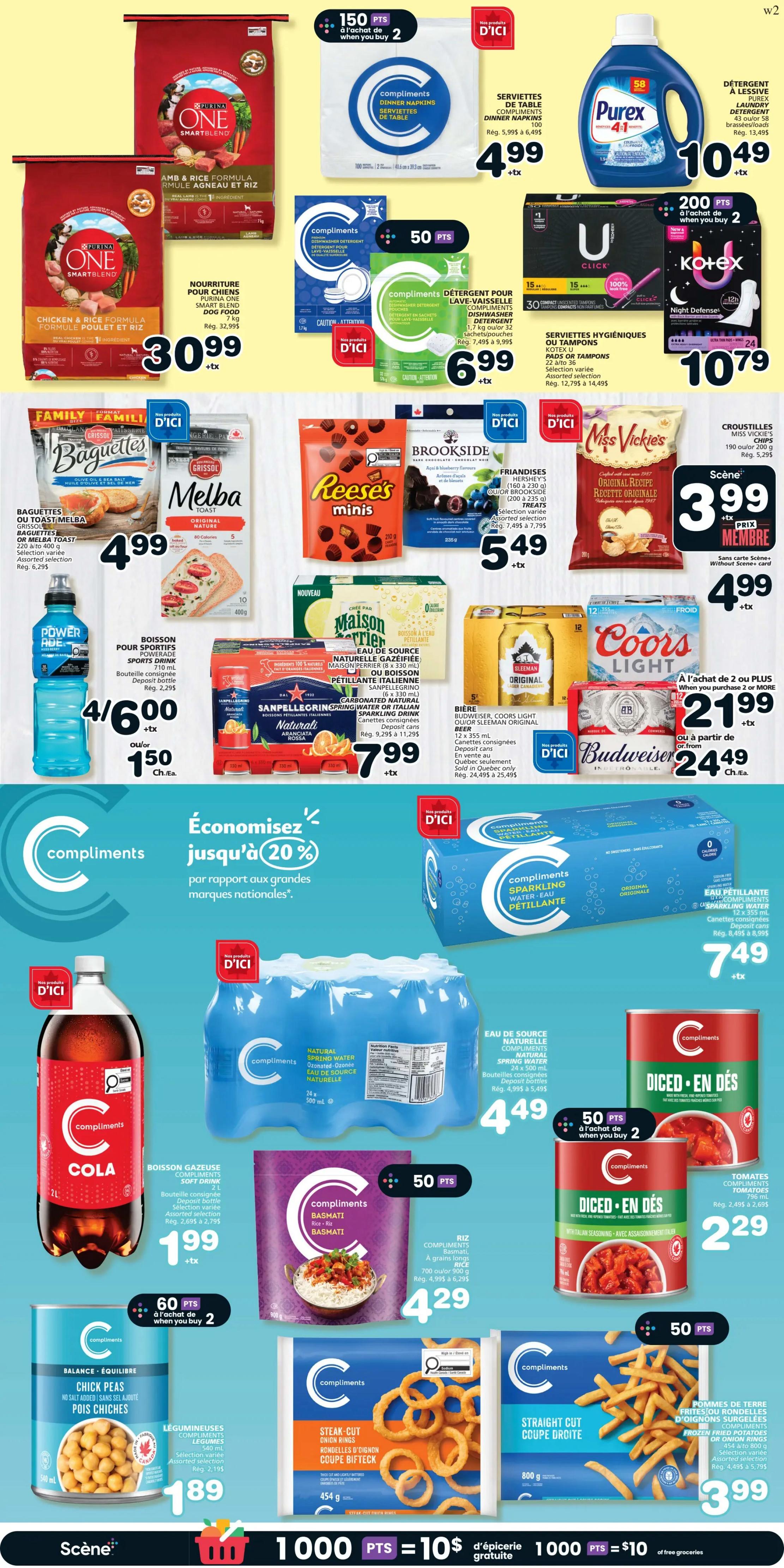 IGA weekly flyer specials page 6 features Purina One SmartBlend dog food for $30.99, Compliments dinner napkins for $4.99, and Purex laundry detergent for $10.49. Also available are Compliments dishwashing detergent for $6.99, U by Kotex pads or tampons for $10.79. Family Family Baguettes or Melba Toast are $4.99. Reese's Minis and Brookside chocolate bags are $5.49. Miss Vickie's chips are $3.99. Powerade sports drinks are 4 for $6.00 or $1.50 each. Maison Arrien sparkling water and San Pellegrino Italian sparkling drinks are $7.99. Sleeman, Coors Light, and Budweiser beer are on sale, with Budweiser starting at $24.49. Compliments cola is $1.99. Compliments Basmati rice is $4.29. Compliments Chick Peas are $1.89. Compliments Diced Tomatoes are $2.29. Compliments Steak-Cut Onion Rings and Straight Cut French Fries are $3.99. Compliments Natural Spring Water is $4.49. Earn 1000 points for $10 of free groceries.