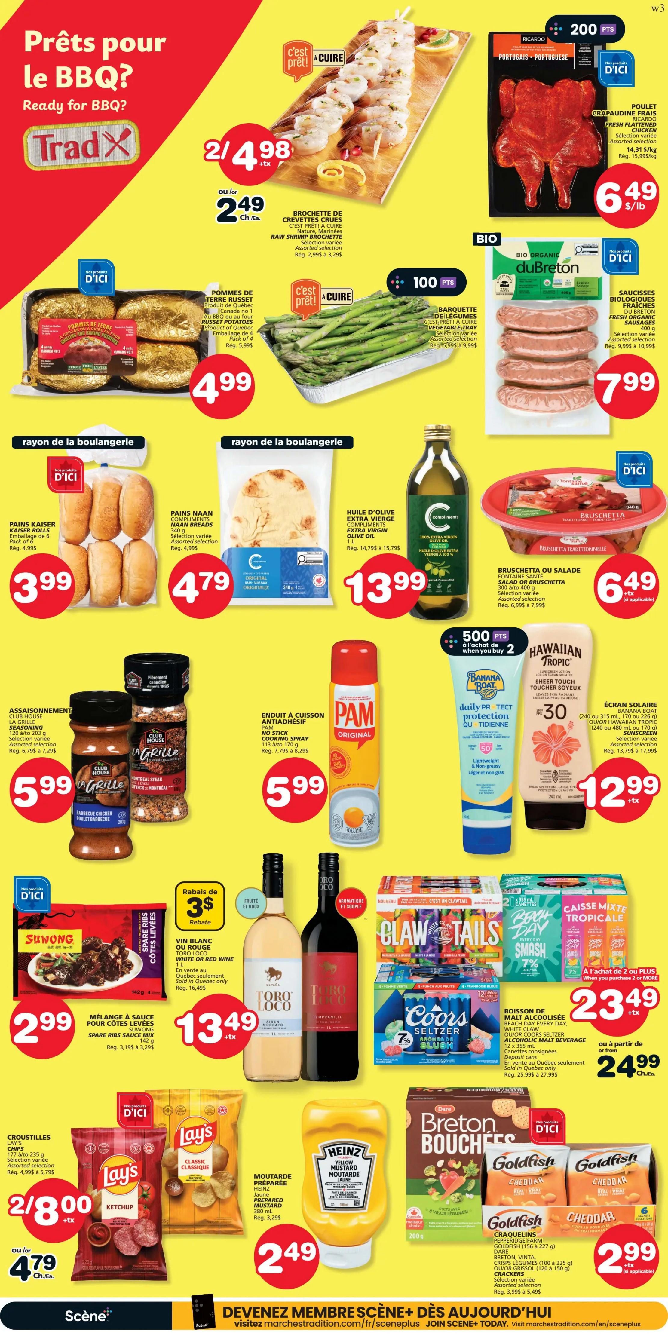 IGA Weekly Flyer Specials for The Magdalen Islands, Page 7. Featured items include Raw Shrimp Brochettes for 2 for $4.98 or $2.49 each, Russet Potatoes for $4.99, Fresh Flattened Chicken for $6.49/lb, and Bio Organic DuBreton Pork Sausages for $7.99. Bakery items include Kaiser Rolls for $3.99, Naan Breads for $4.79, and Compliments Extra Virgin Olive Oil for $13.99. Other specials include Suwong Spare Ribs Sauce Mix for $2.99, Oro Loco White or Red Wine for $13.49, and a 3$ rebate on wine. Also available are PAM No Stick Cooking Spray for $5.99, Club House Grilling Seasoning for $5.99, Hawaiian Tropic Sheer Touch Sunscreen for $12.99, and Banana Boat Daily Protect Sunscreen for 500 bonus points when you buy 2. Beverages include Claw & Tails Tropical Mix, Beach Day Smash, and Coors Seltzer for $23.49 for 2 or more, or $24.99 each. Snacks include Lay's Ketchup and Classic Chips for 2 for $8 or $4.79 each, Heinz Yellow Prepared Mustard for $2.49, Breton Bouchées Crackers for $2.99, and Goldfish Crackers for $2.99. Visit marches.iga.net/sceneplus for more details.